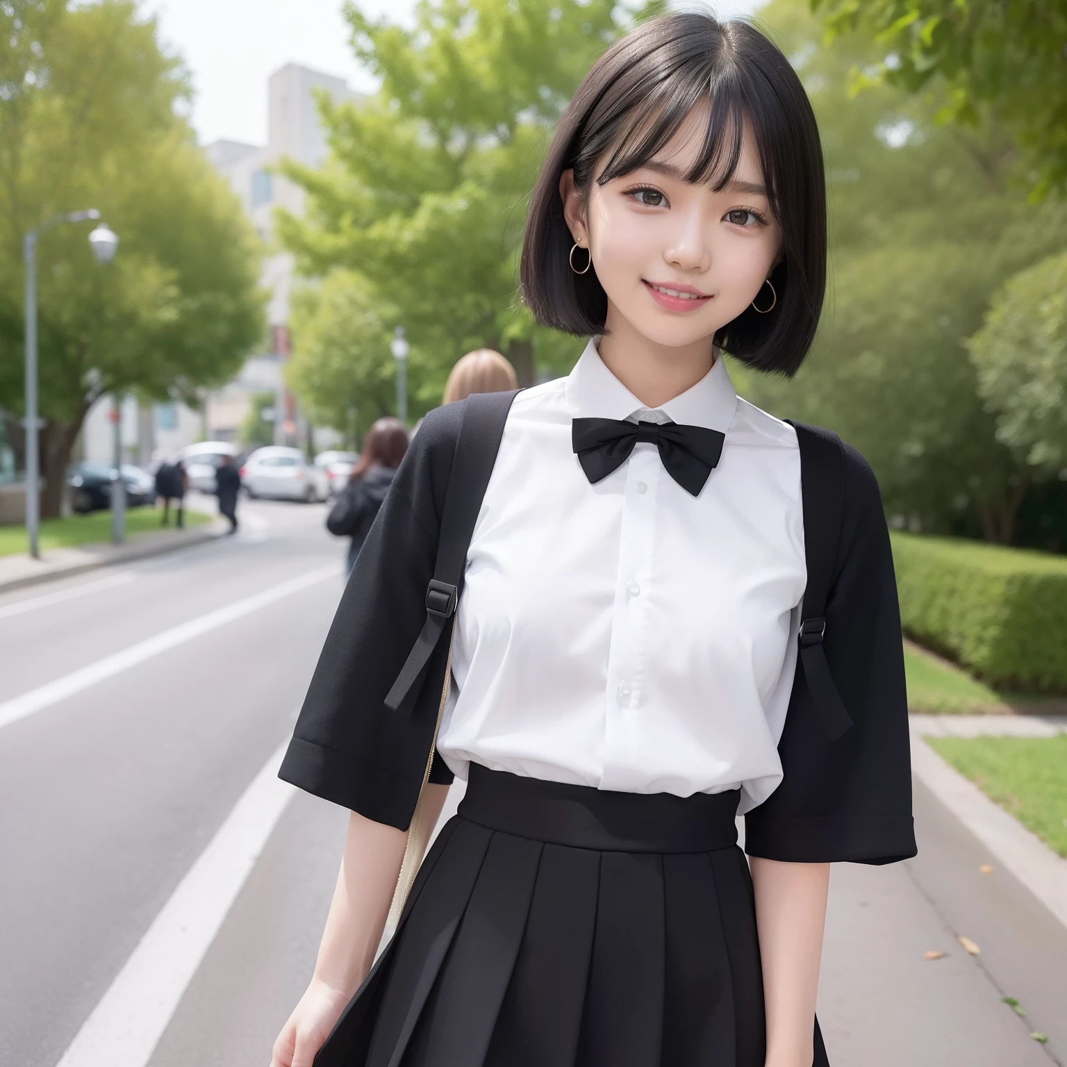 black hair, 16 years old, slender and busty body, bob cut, aqua eyes, Hinano Himeno, grin, black hair, blush stickers, smile with teeth, date appointment, whole body, younger sister girl, round face, slightly puffed cheeks, eyebrows downward, light blush, Double eyelids, Look at viewers, affectionate cute, cute girl, surreal high school girl, Look at viewers, A bow tie, hair fluttering, lively eyes, the skirt sways in the wind, ((no skin exposed on the upper body)), (neat clothes with all buttons fastened), one little star earring, crowd, busy street, The wind is blowing, hair swaying in the wind, white socks, white culottes skirt, loose black summer knit, Surrealism, depth of field, Nikon, 8k, super detail, masterpiece, high details, 8k, anatomically correct, award winning