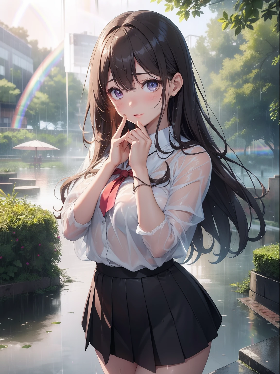 masutepiece, High resolution, 8K, anime woman, Delicate and detailed writing 、Detailed digital illustration、Very long hair and shiny、Bangs、a very beautiful woman、Eyes are double, Large, Bust is D cup、High image quality, High quality、Detailed background、Wearing a student uniform、early evening、rain is falling、Rain-soaked hair、Uniform wet in the rain、The inside of the eye shines like a diamond、Gray gradient pupil、4 fingers, 1 thumb、Detailed female face、I'm embarrassed、Very beautiful and cute woman、、细致背景、​masterpiece、Soft Focus , Bright gradient watercolor , Lens Flare , Glitter , Glow , Dreamy , light brown hair、Wet in the rain, clothes that cling to one's body、(Pale pink bra shows through)、((Heavy rain background))、Beautiful water background、a miniskirt、Nothing at hand、Cover your face with your hands in embarrassment、with blush cheeks、(((Beautiful rainbow on background)))