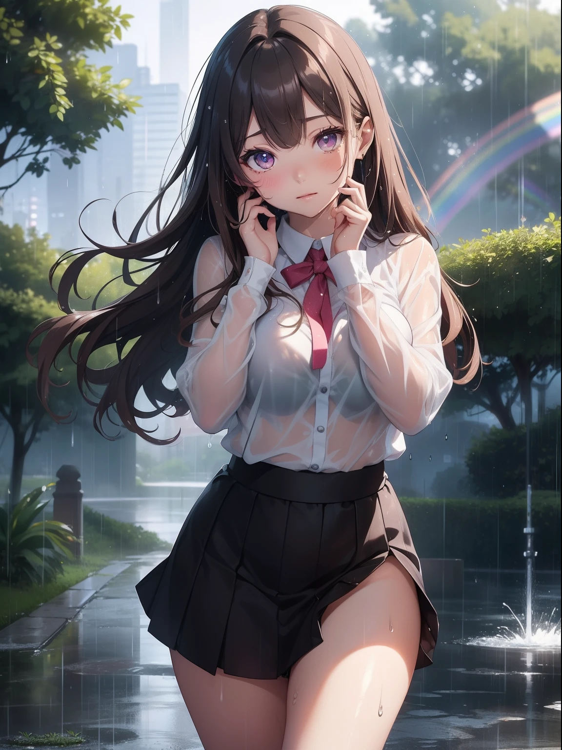 masutepiece, High resolution, 8K, anime woman, Delicate and detailed writing 、Detailed digital illustration、Very long hair and shiny、Bangs、a very beautiful woman、Eyes are double, Large, Bust is D cup、High image quality, High quality、Detailed background、Wearing a student uniform、early evening、rain is falling、Rain-soaked hair、Uniform wet in the rain、The inside of the eye shines like a diamond、Gray gradient pupil、4 fingers, 1 thumb、Detailed female face、I'm embarrassed、Very beautiful and cute woman、、细致背景、masterpiece、Soft Focus , Bright gradient watercolor , Lens Flare , Glitter , Glow , Dreamy , light brown hair、Wet in the rain, clothes that cling to one's body、(Pale pink bra shows through)、((Heavy rain background))、Beautiful water background、a miniskirt、Nothing at hand、Cover your face with your hands in embarrassment、with blush cheeks、(((Beautiful rainbow on background)))