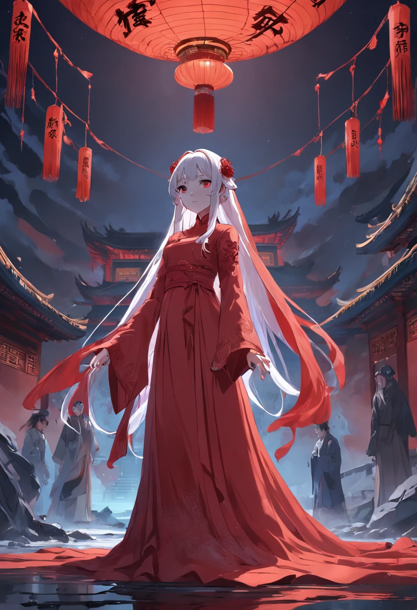 China-style,Ghost Bride,Red wedding dress,Red cap,horror element,uncanny,the night,Wasteland,