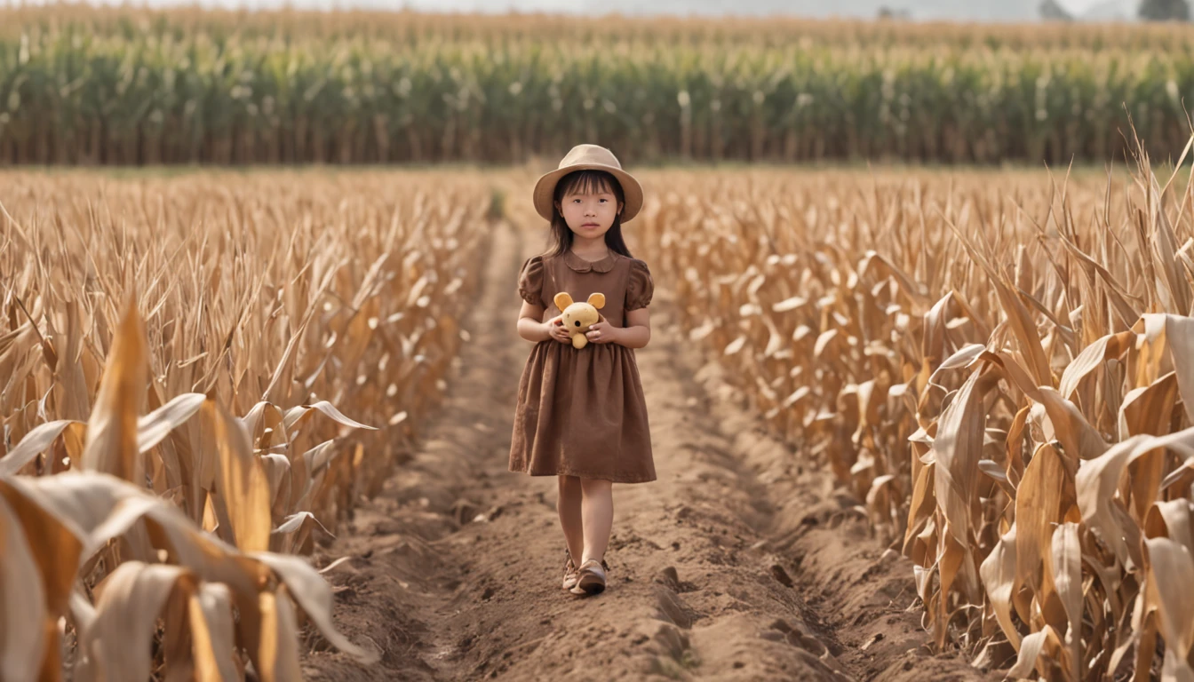 A young Chinese daughter, Wearing a quaint brown dress, Walk in the middle of a cornfield, Full body like, Holding a yellow bear toy in his hand, cinematic lighting, depth of field, ray tracing, cowboy shot, 135mm, Canon, UHD, masterpiece, award winning, best quality, 4K