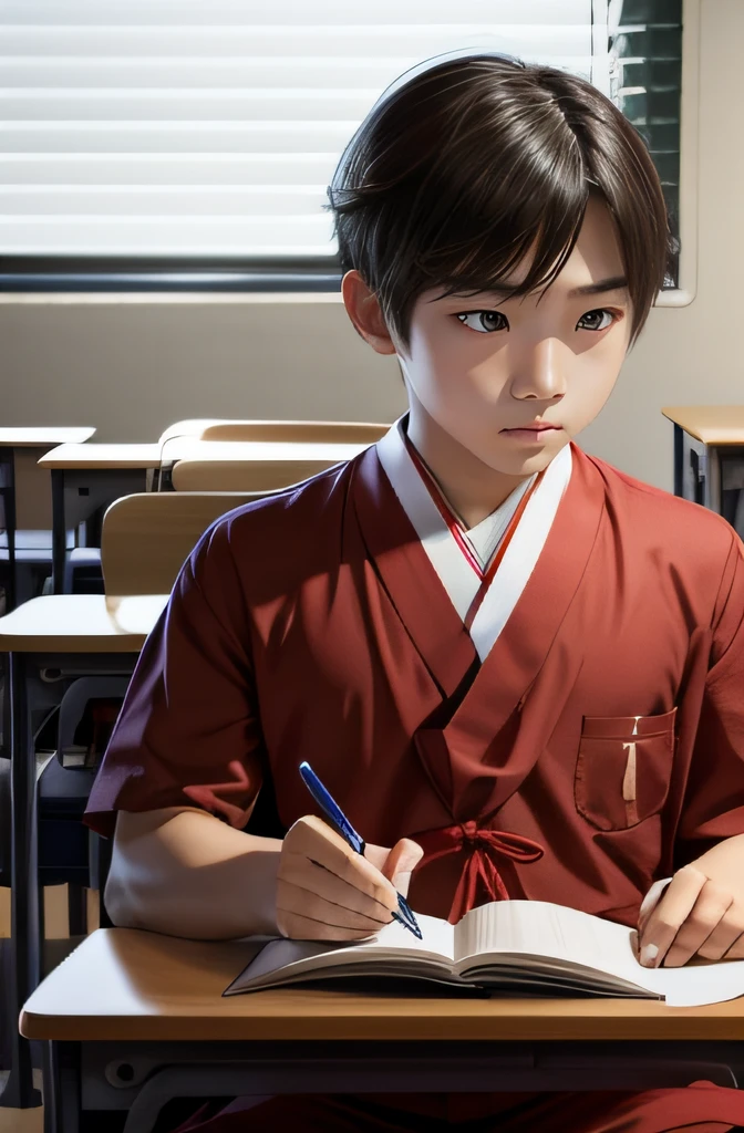 校服, red neckchief, Libido boy, Listen calmly and attentively in the classroom。