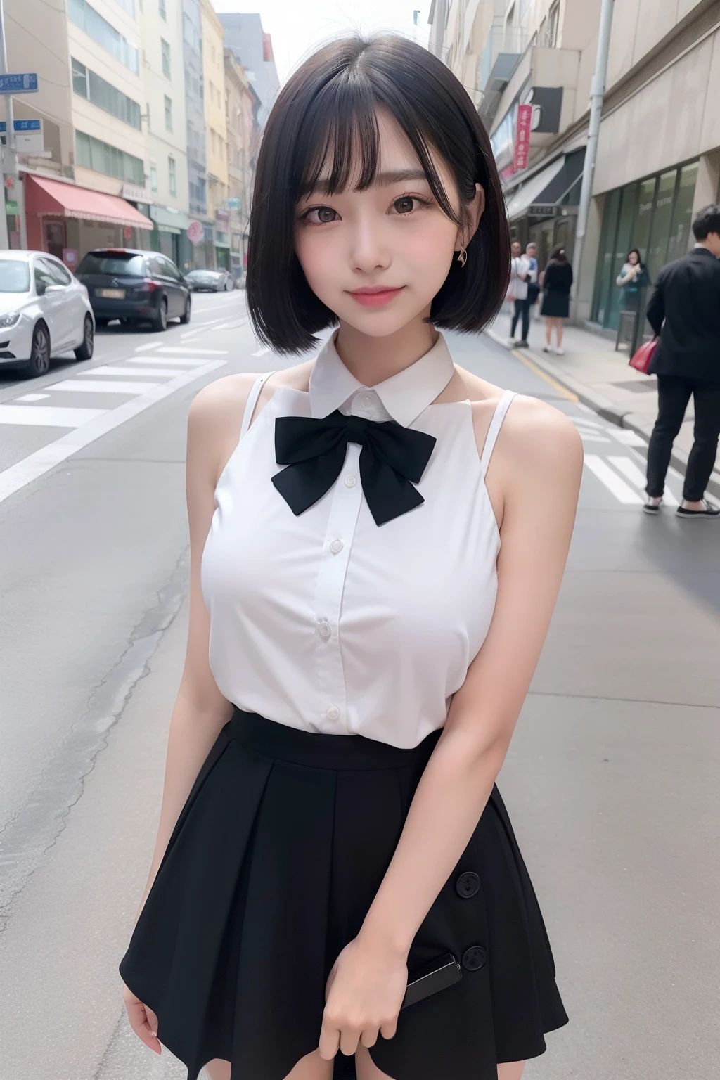 ((Collared shirt, suspenders, pants: )), (Clothes, Skinny jeans, suspenders under Collared shirt, A bow tie: , sneakers), ((In the city), ((A smile, Small breasts, slim, Small ass)), ((Japanese, 1 girl, 18 years old, Ideal body proportions, Black hair, With bangs, Small breasts, Erect nipples, slim, Small ass, Beautiful feet, Slender legs)), Surrealism, Cinematic lighting, (( Anatomically correct)), Textured skin, Super detail, High details, High quality, Awards, Best quality, High resolution, 8K, Front POV