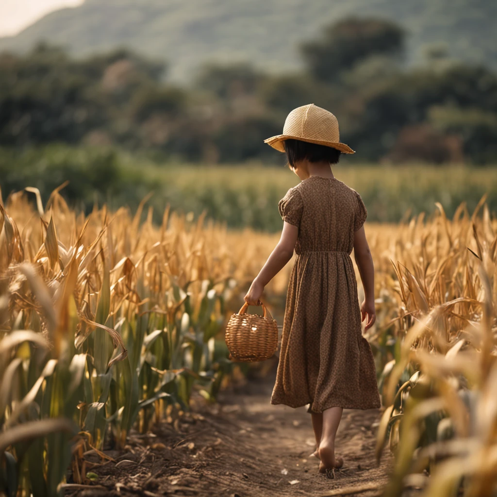 A young Chinese daughter, Wearing a quaint brown dress, Walk in the middle of a cornfield, Full body like, Holding a yellow bear toy in his hand, cinematic lighting, depth of field, ray tracing, cowboy shot, 135mm, Canon, UHD, masterpiece, award winning, best quality, 4K