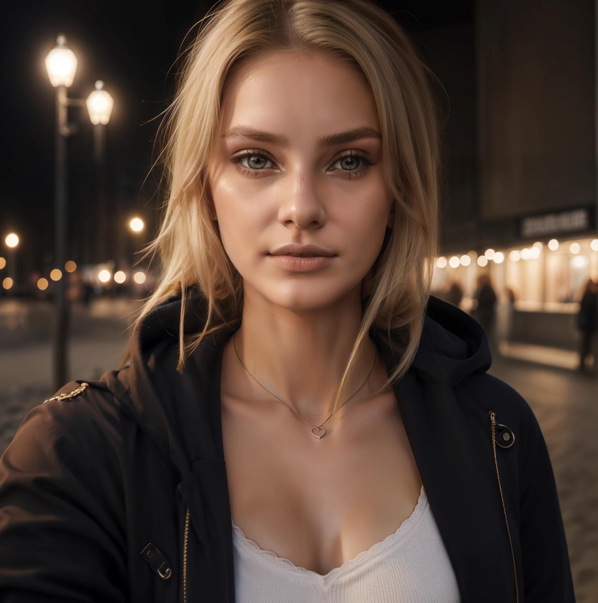 1Girl 18 years old, nur, Lange Haare, midsize boobs, Blick auf den Betrachter, blondes Haar, nackte Schultern, braune Augen, Schmuck, full entire body, Halskette, schulterfrei, pullover, lips, realistisch, Nase, Flirten mit der Kamera, am strand
