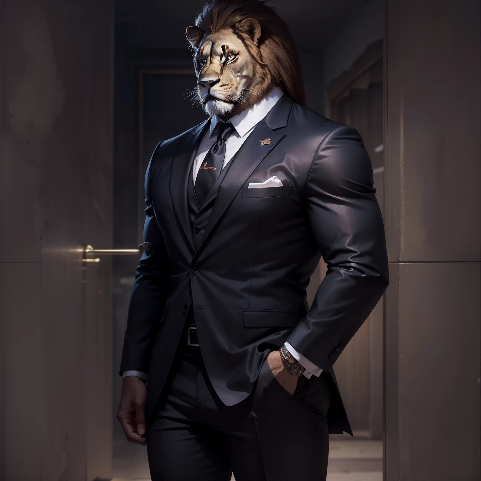 Male lion in suit, full body Esbian、Strong Lion、Beautiful standing hair
