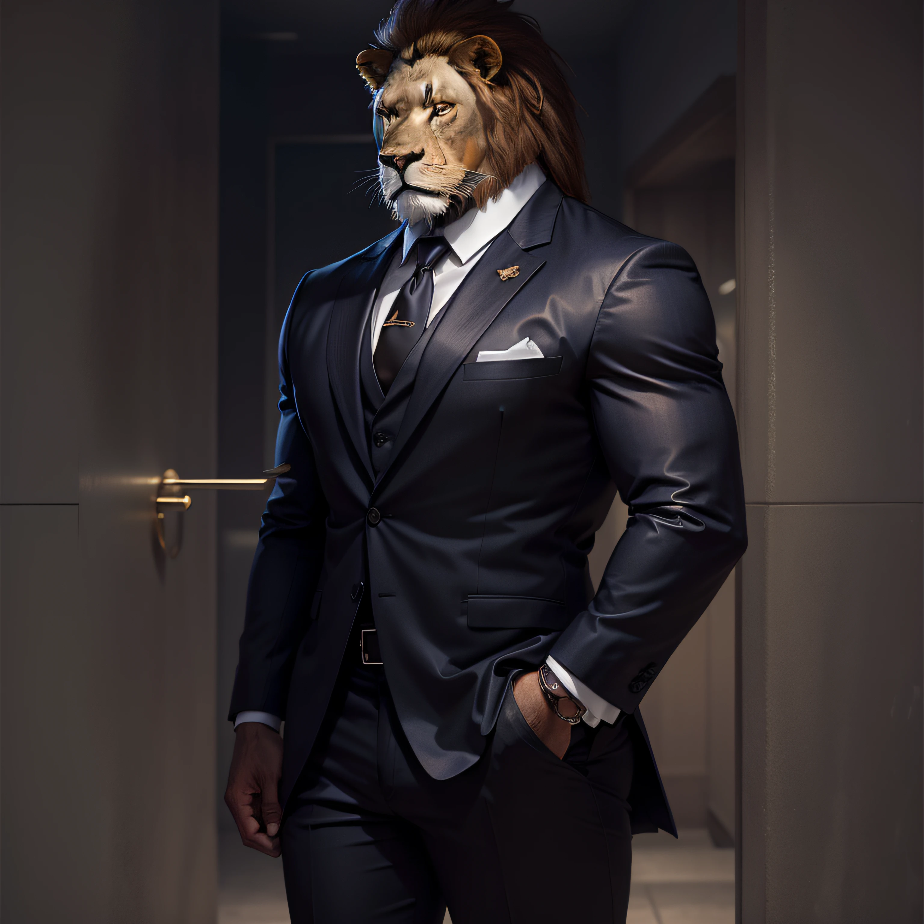 Male lion in suit, full body Esbian、Strong Lion、Beautiful standing hair