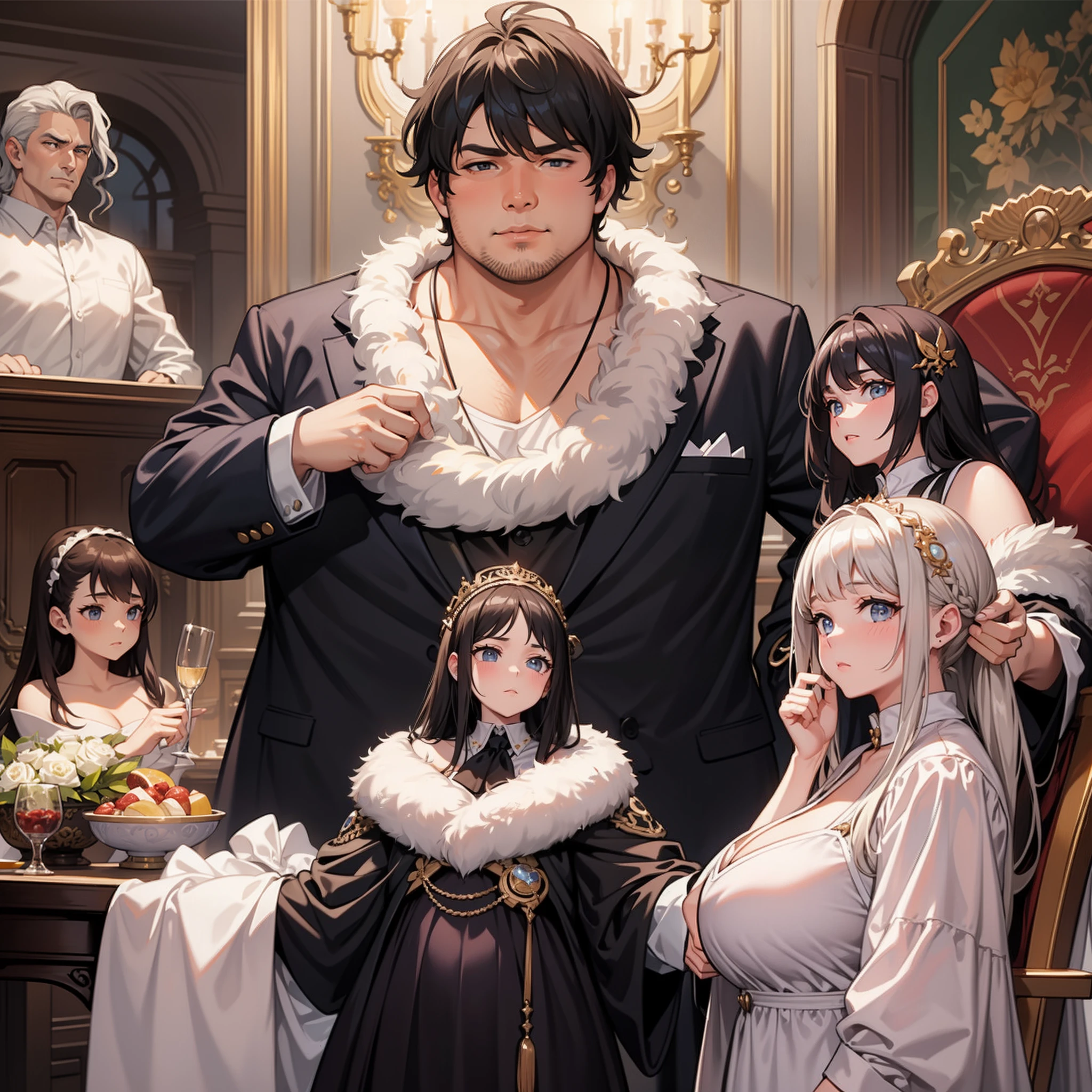 A fat rich man，Regal，Holding several girls in the room