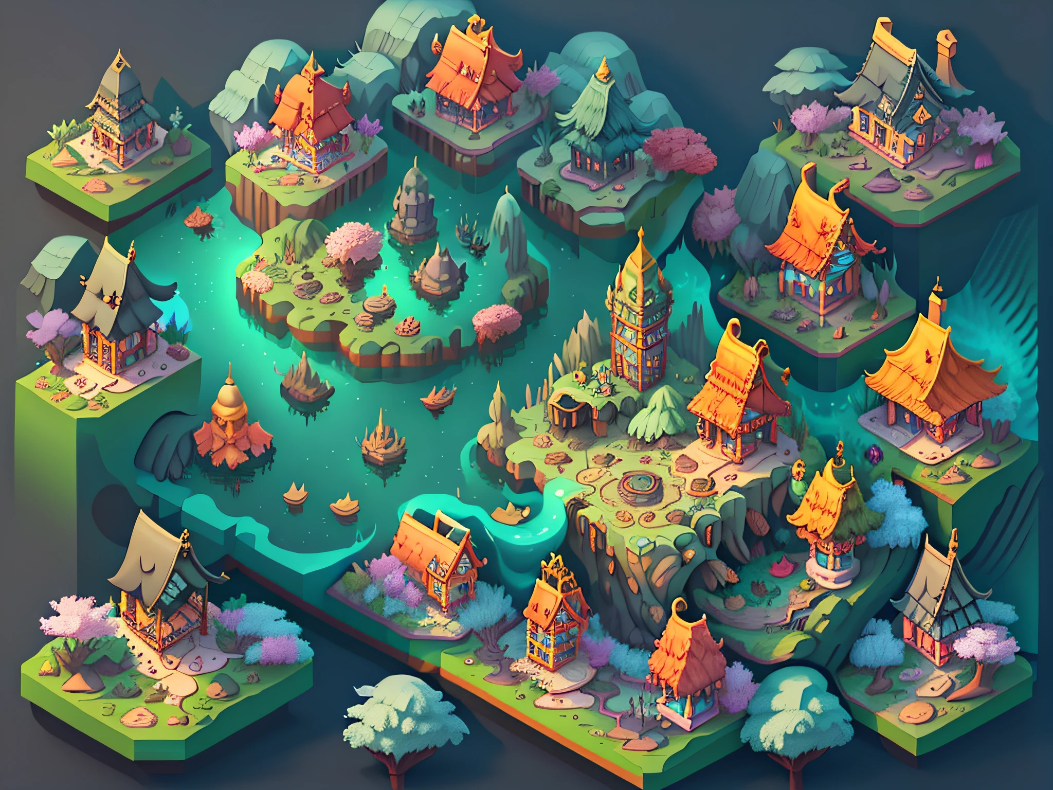 top down flat view, fantasy world 3d map rendered by Cinema4D, isolated on gradient background, Game architecture design, cartoon, some small houses, farms, barracks, warehouses, flower houses, 3d, blender, masterpiece, super detail, best quality, --v6