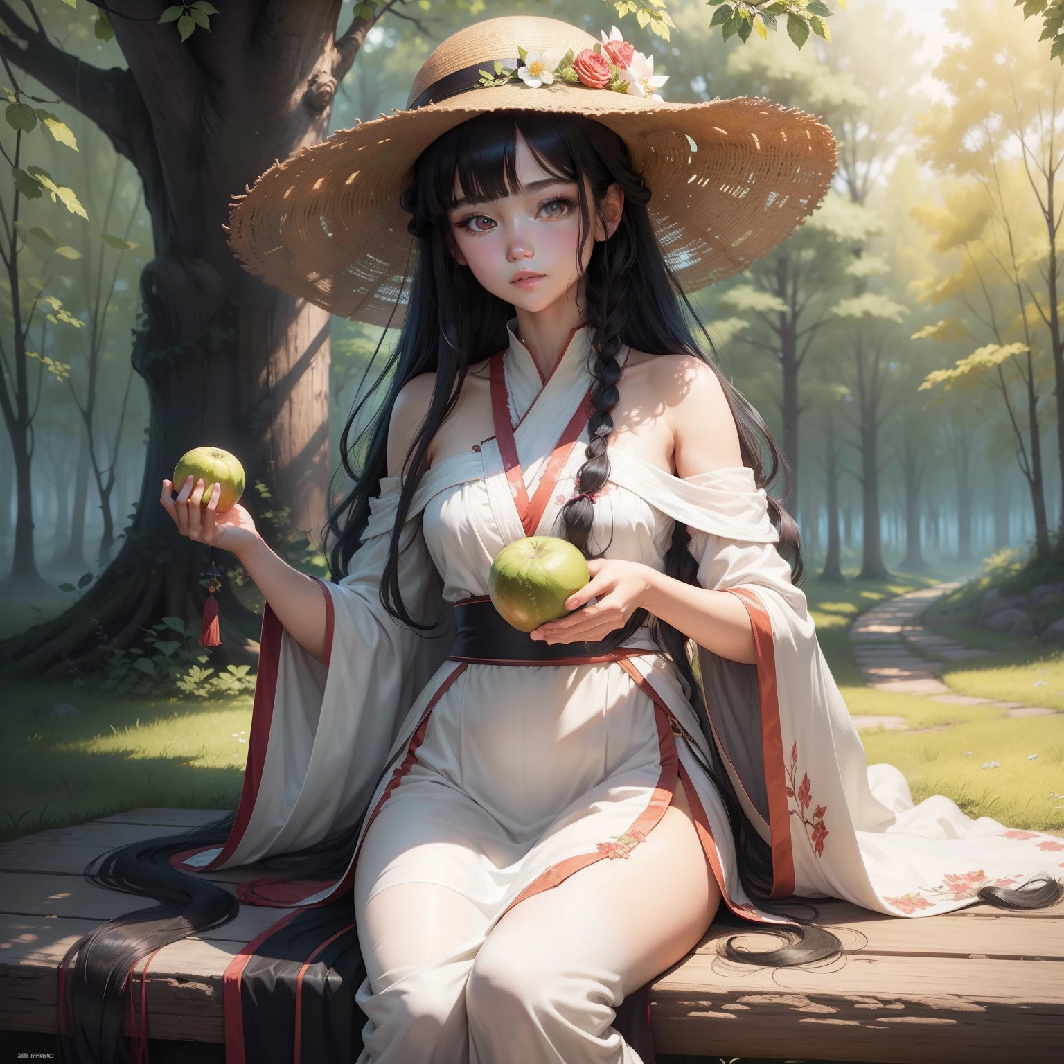 masterpiece, best quality, official art, 8k wallpaper, highly detailed, illustration, 1 girl, black hair, long hair, detailed eyes, forrest, bare shoulders, hanfu, too, soft smile,white background, holding fruit melon
