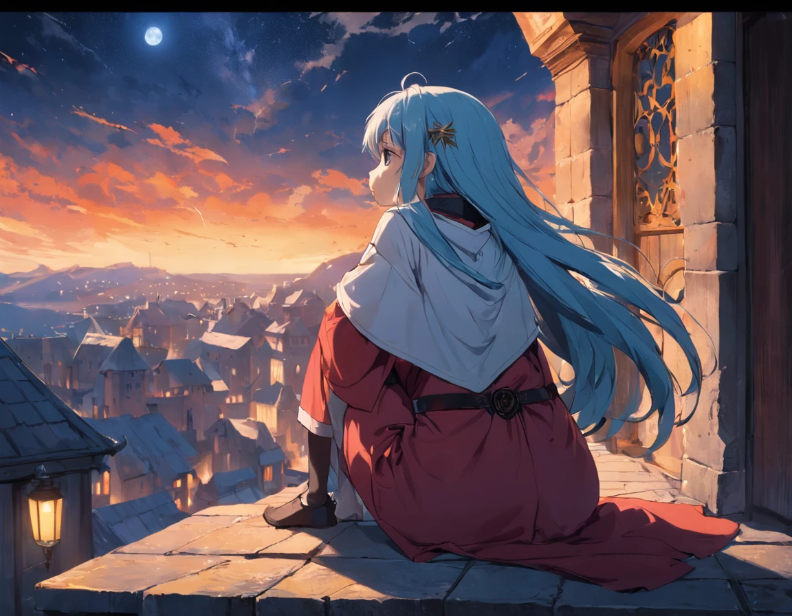 tmasterpiece，best qualtiy，cinematic Film still from，1girl，,exteriors， late， starrysky， in a panoramic view， scenecy， horizon， sitting on rooftop， ventania，Blow hair，Medieval architecture，whaite hair，red pupils，adorned in majestic attire