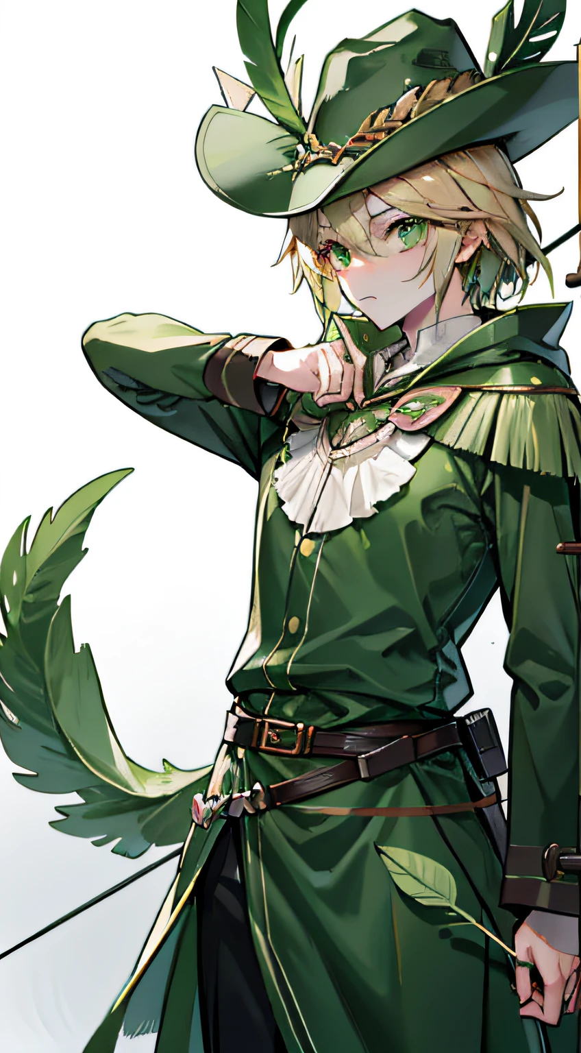 A young man,on the tree,Greencoat,Wide-brimmed hat,Hat with feathers,Draw a bow and release arrows,Waist wears a Western sword,in dark green cape,Golden arrow,blond hairbl,green-eyed,Ranger,longbow