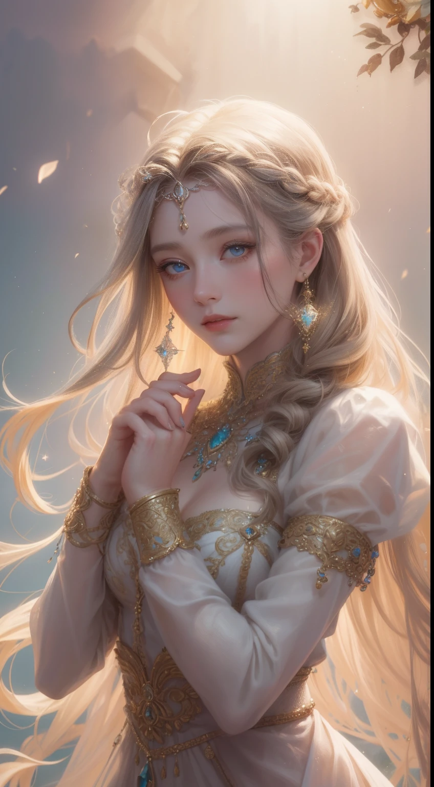tmasterpiece,Highest high resolution,Bust of a beautiful noble maiden,Delicate braided hair,Coiled hair,Shining clear eyes,The hair is covered with beautiful and delicate jewelry floral craftsmanship, crystal、Diamond jewelry filigree,Ultra-detailed details,upscaled,softlighting。