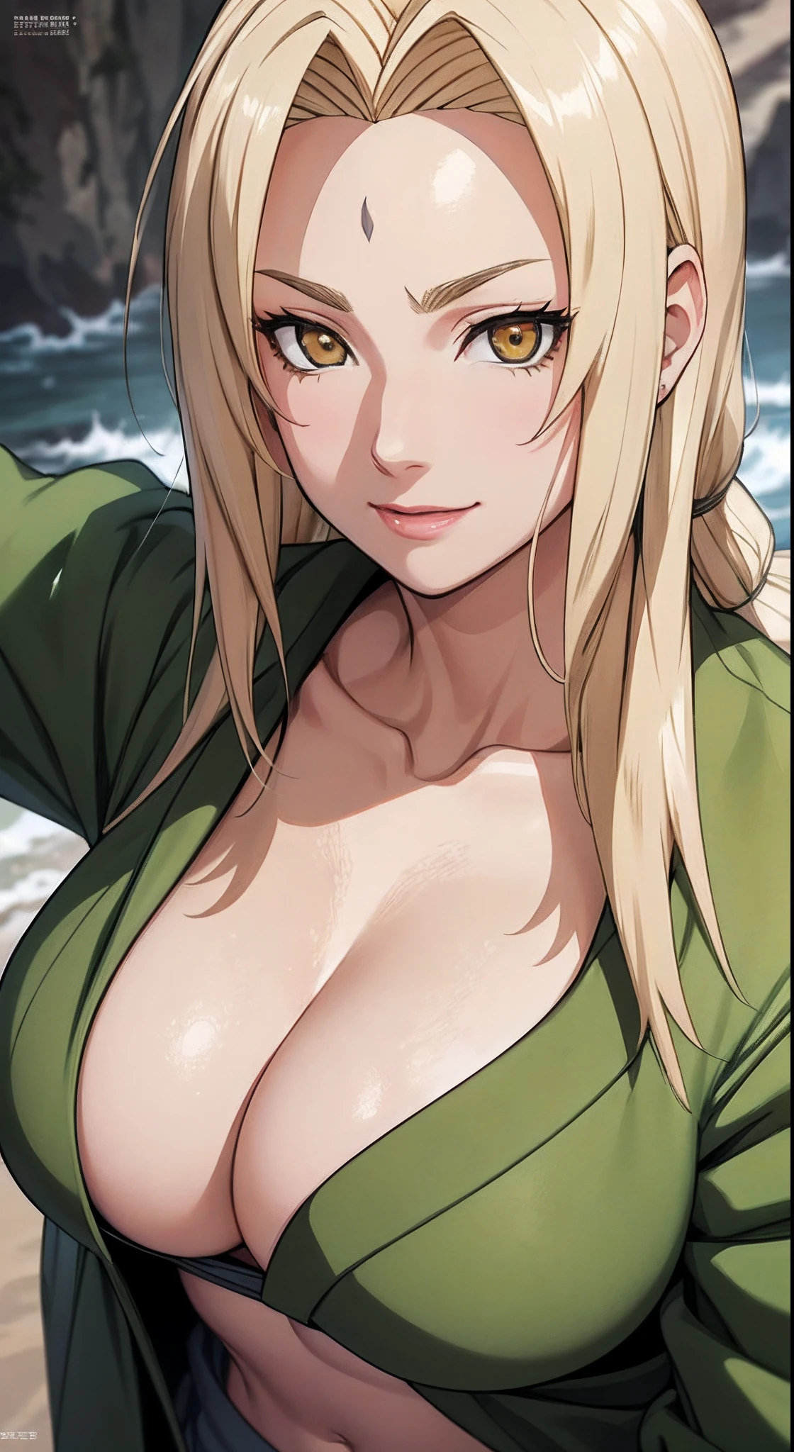 tmasterpiece，blond hairbl，Green coat，Golden eyes，ssmile，slightly fat big breasts，Be red in the face，Headwinds and sagging，best qualtiy，The is very detailed，Bust photo，Get close to the lens，Top-down view，with a good figure