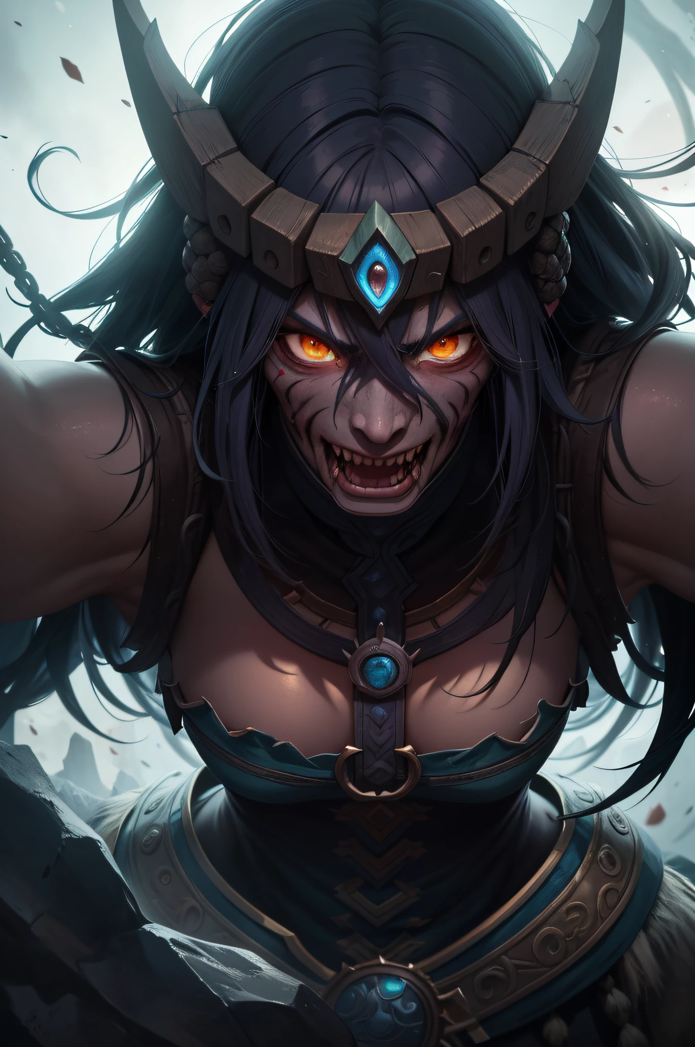 Orc shaman, Orc, shaman, Ork Shaman, Orc Man, Orc Man, Orc from Warcraft , (Warcraft1.4), Warcraft Character, Strong Body, Thick limbs, scornful, Cruelty, Long matted hair, Tongues of Dark Flame , fighting, combat pose, Fantasy environment around, A magical battle is underway, Dynamic lines, works of masters, 8K, Highest Resolution, hiquality, 电影灯光, High image detail, Clear Focus, Detailed image of hair, Detailed detailed picture