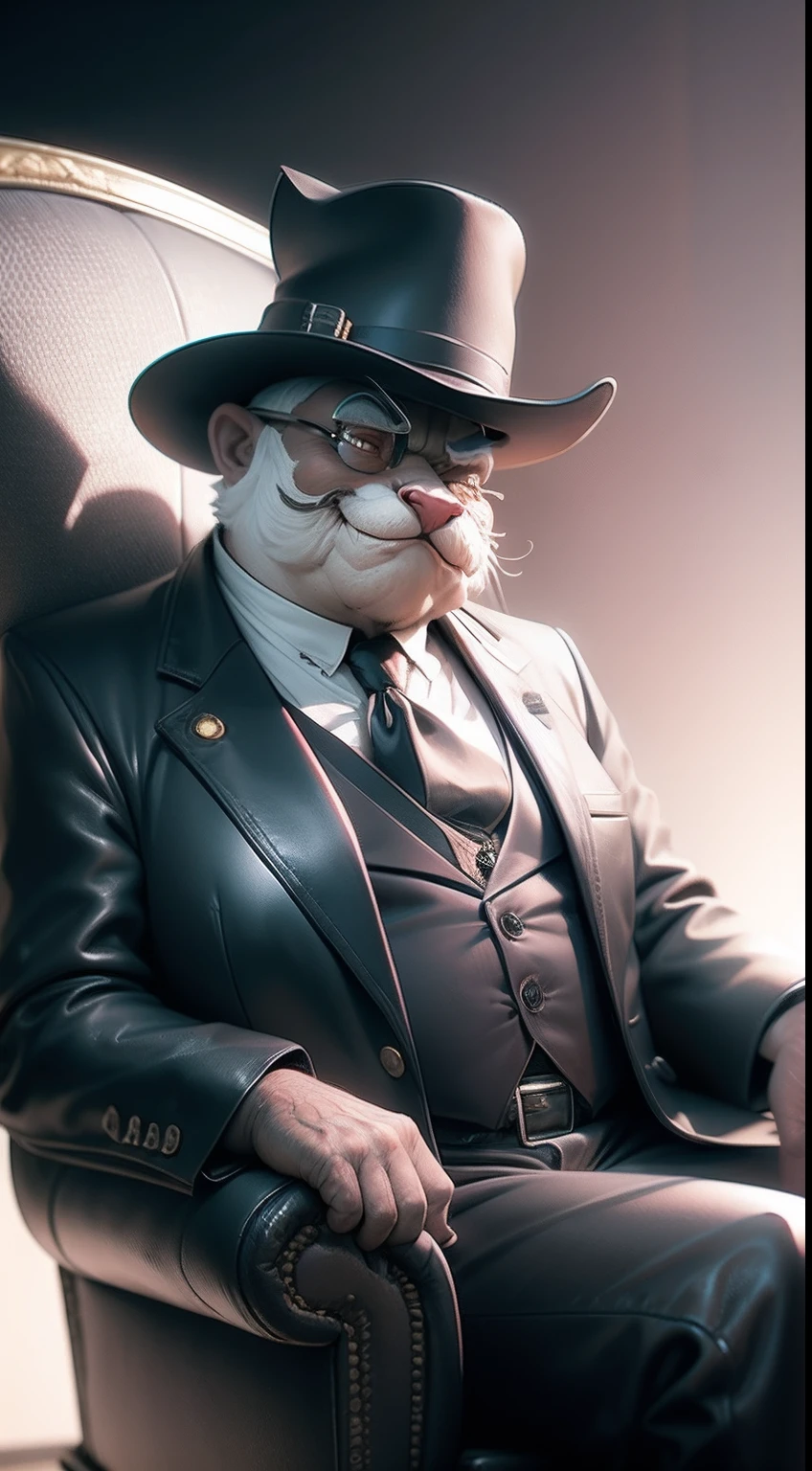 Old fat godfather mafia tomcat sitting in leather armchair, 3D video rendering, pixar character