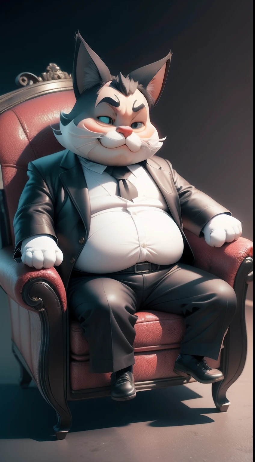 Old fat godfather mafia tomcat sitting in leather armchair, 3D video rendering, pixar character