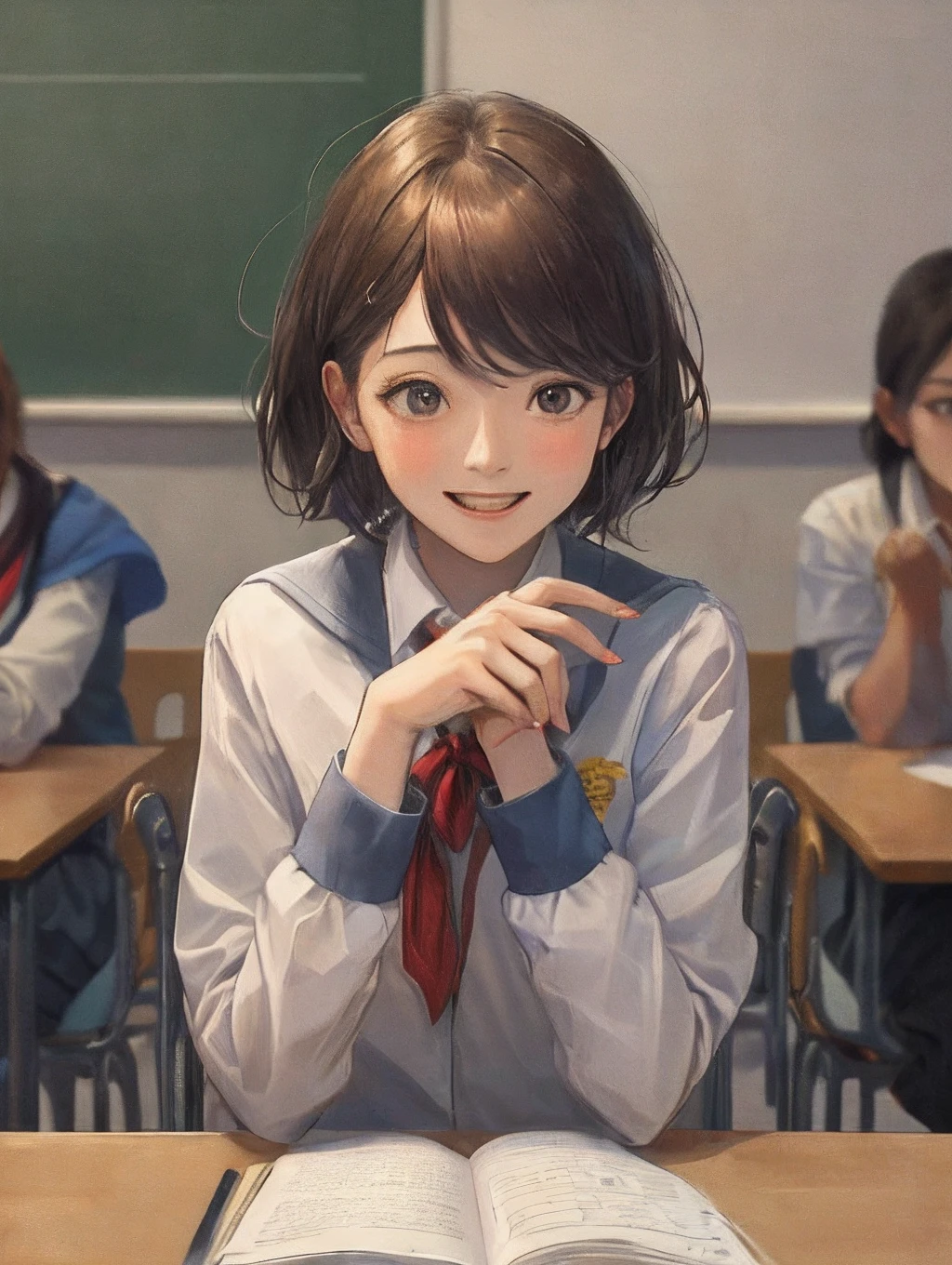 The student's head is a girl with short hair with black ears，Wear a school uniform and sit in the classroom，Look here dumbfounded，with brown eye，laughing very happily，Pen in hand，There are many people in the classroom