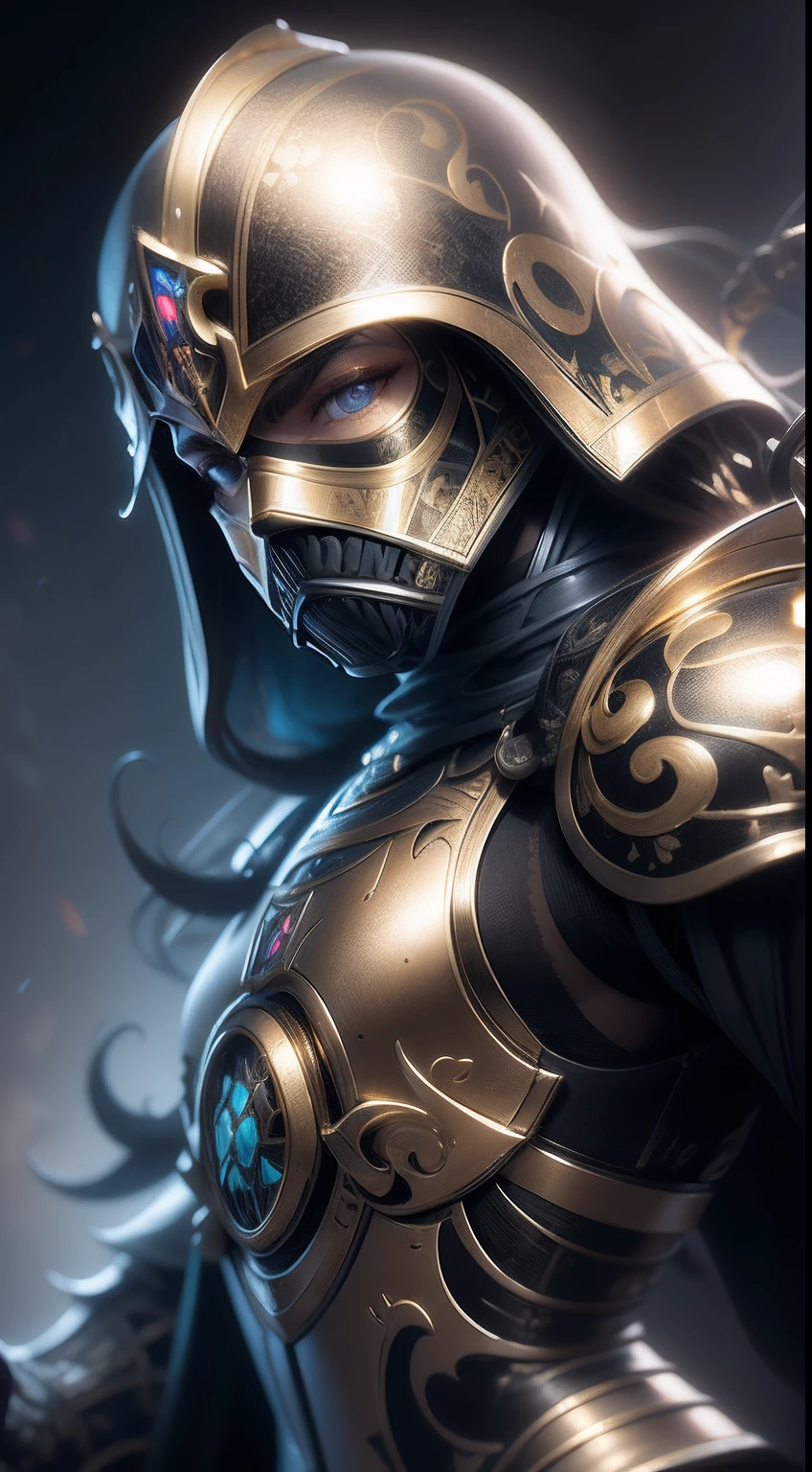 Darth Vader's armor has golden baroque filigree, Beautiful D&d character portrait, Dark fantasy, Detailed, Realistic face, digitalportrait, intricate armor, Level 5 shield character, Phlegm sputum, phlegm, Stanley Ateg Liu, Ilya Kuvshinov, art stations, HD, rendering by octane, hyper photorealism, Digital painting, Digital illustration, Extreme detail, Digital art, 4K, Ultra HD, Polished, ultra - detailed, Intricate, elaborate, Meticulous, Photorealistic, hyper photorealism, baroque, illusory engine, vray, rendering by octane, Flemish Baroque, neo-classical, Rococo