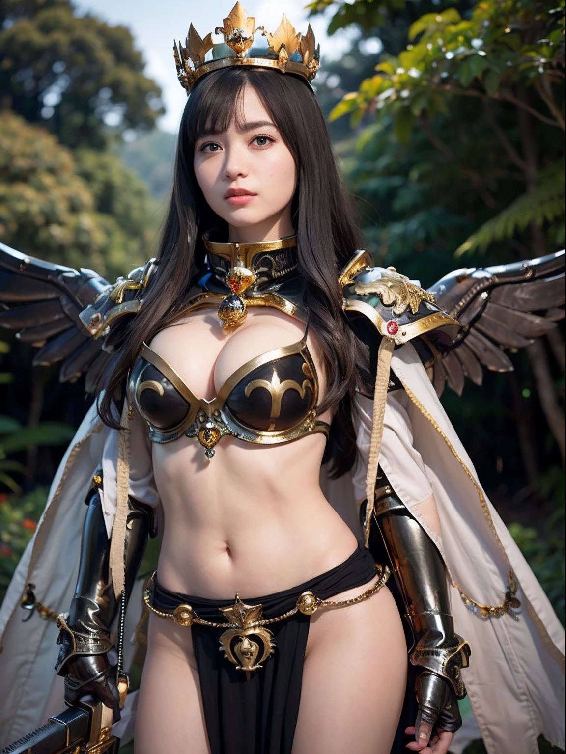 Professional , masterpiece、top-quality、photos realistic , depth of fields 、(A dark-haired) 、(Gemstone White Metal Body:1.9),(Matte Black、Jewel Gold Weapon(Jewel Metal Body:1.4),Gorgeous metal weapons ,(( Detailed and gorgeous sword of the brave)) ,Light Effects、intense fighting、Wind-effect、magic circles、 (A dark-haired) ,warhammer 40k ,Detail and ornate jewel crown、((Micro Bikini Armor))、((Gangle's forest background))、Beautiful Caucasian beauty、1a person、dynamic ungle,(((Detailed and ornate diamond crown)))、Smaller head、A smile、Background inside the castle、Thin and beautiful female hands、cleavage of the breast、Soldier in iron armor on background、Mystical expression、Light Effects、intense fighting、Wind-effect、magic circles、With the legendary magic wand、(wings of light)、Toostock、Anatomically correct body、