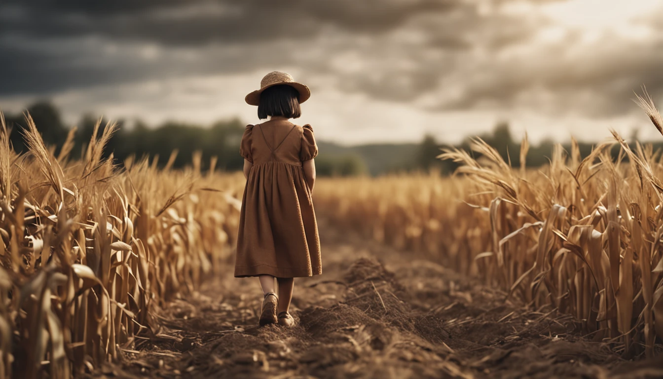 A young Chinese daughter, Wearing a quaint brown dress, Walk in the middle of a cornfield, Full body like, Holding a yellow bear toy in his hand, Cinematic lighting, Depth of field, Ray tracing, Cowboy shot, 135mm, kanon, hyper HD, Masterpiece, Award-Awarded, Best quality, 4K