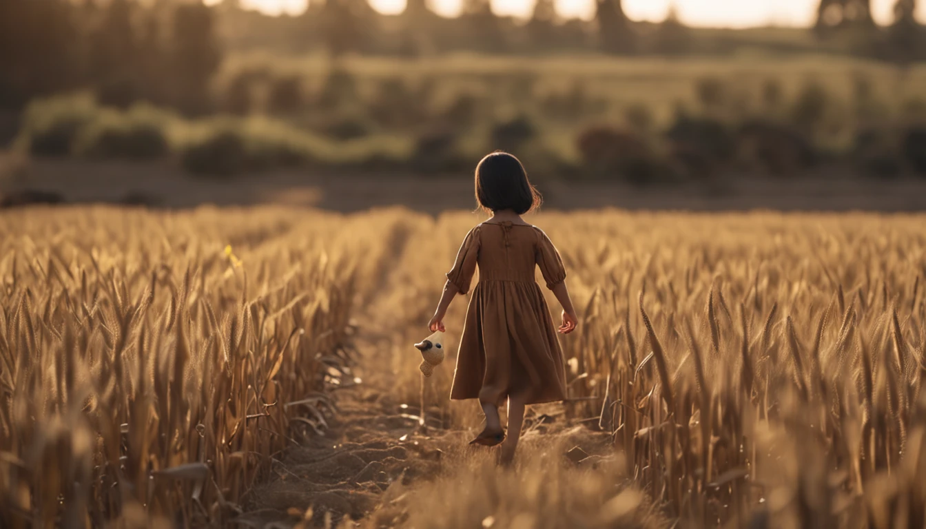 A young Chinese daughter, Wearing a quaint brown dress, Walk in the middle of a cornfield, Full body like, Holding a yellow bear toy in his hand, Cinematic lighting, Depth of field, Ray tracing, Cowboy shot, 135mm, kanon, hyper HD, Masterpiece, Award-Awarded, Best quality, 4K