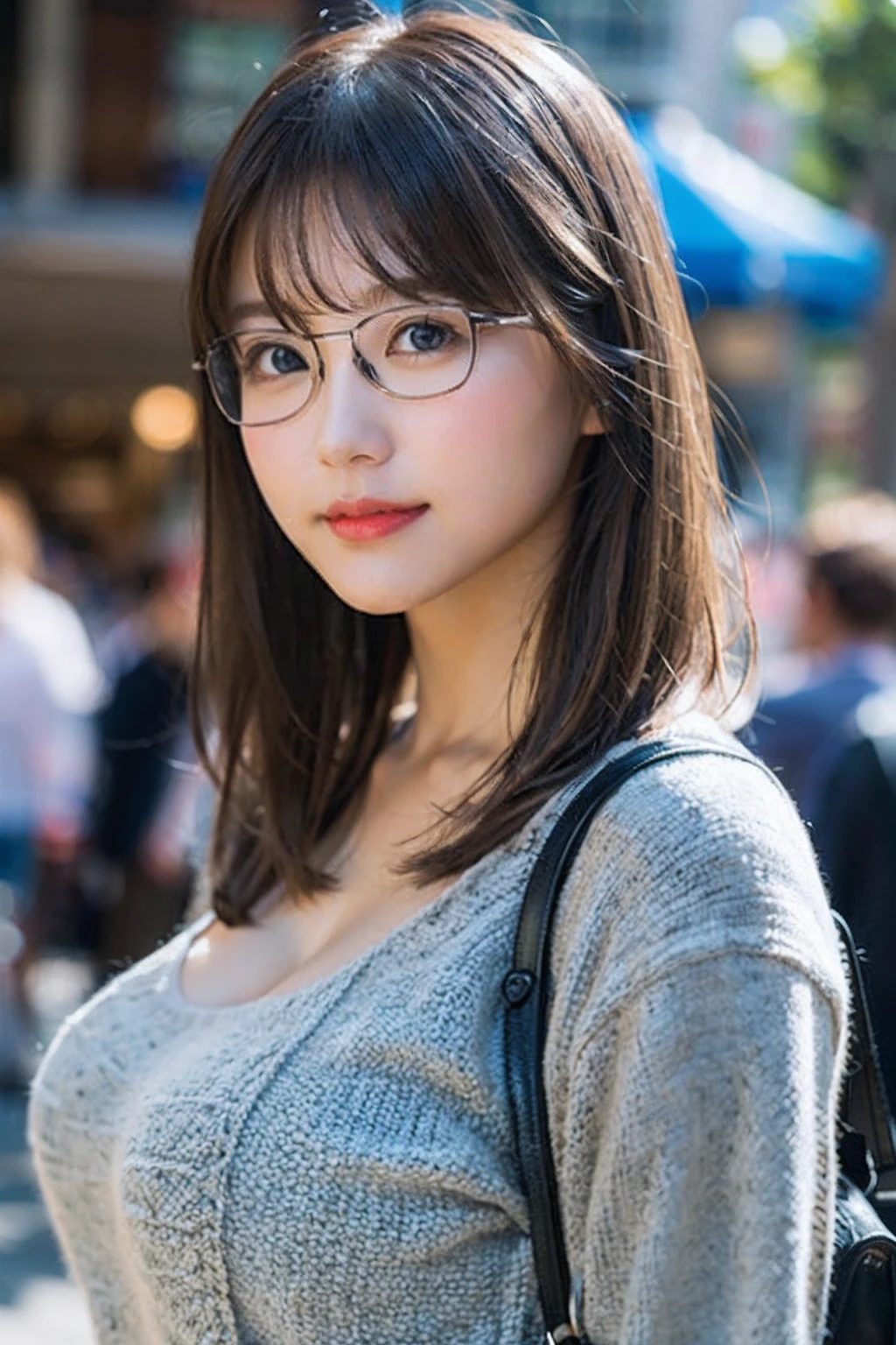(8K、Raw photography、top-quality、​masterpiece:1.2)、(realisitic、Photorealsitic:1.37)、ultra-detailliert、超A high resolution、女の子1人、see the beholder、beautifull detailed face、A smile、Constriction、(Slim waist) :1.3)、Light blue autumn clothes、(large full breasts)、Beautiful detailed skin、Skin Texture、Floating hair、((length hair))、Professional Lighting、In front of the station at noon、((Square glasses with black rimming ))、Whole human body、Brown hair