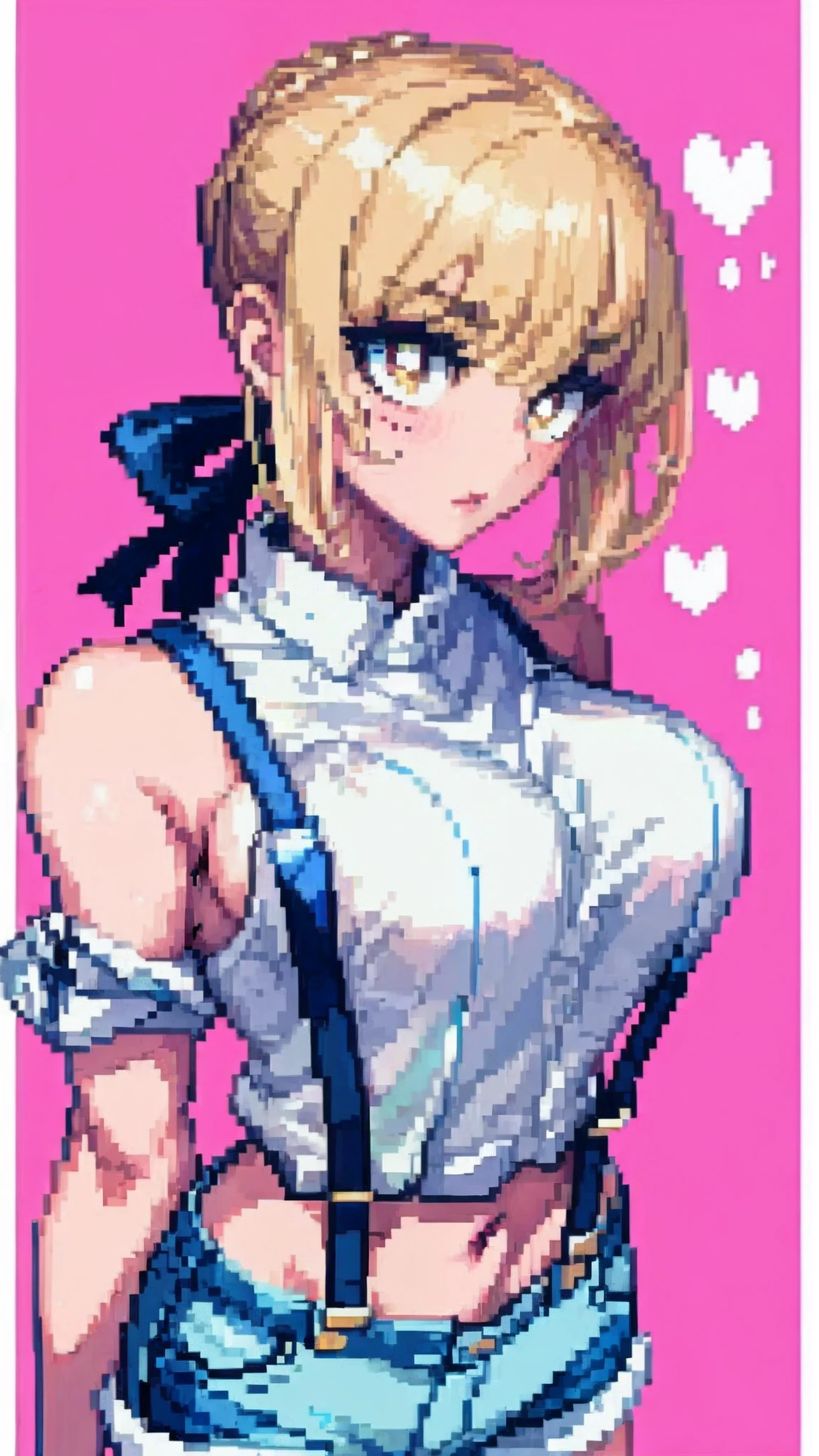 saber,(White border around pink rectangular background：2.5)​，cropped shoulders，White suspenders，Ultra shorts，C cup，stocklings，High detail,Moles under eyes, Heart-shaped pupils，Love pupils，Fleshy thighs,highly rendered，detailed face with