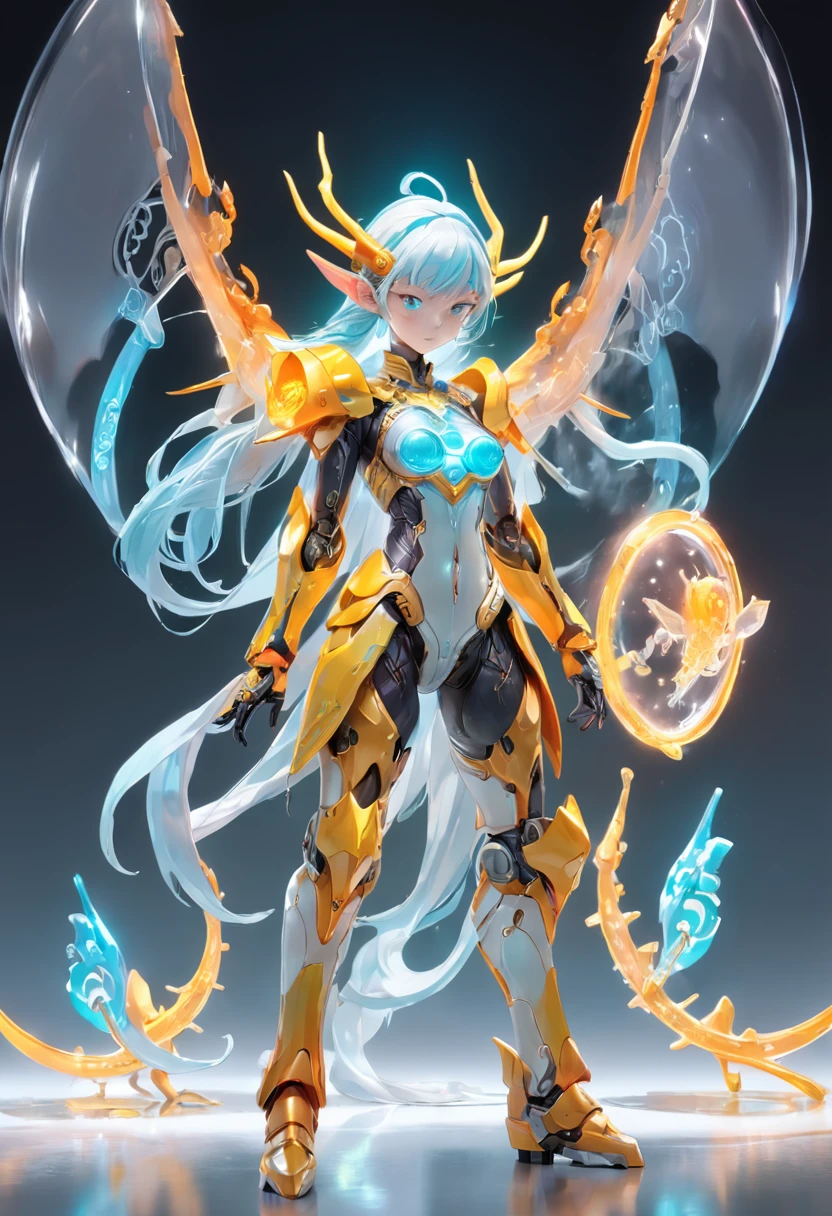 chinesedragon, (Blind box toy style:1.2), (Full body shot) , 1 Transparent adult female elf,Behind him are 2 transparent Chinese dragons, Transparent mech, Exquisite helmet:1.2, Luminous goggles:1.2, Cyberpunk, dreamy glow, luminous neon lights, Clean, White background, ( Global illumination, Ray traching, hdr, unreal render,reasonable design, high detal, Masterpiece, Best quality, hyper HD, Cinematic lighting)