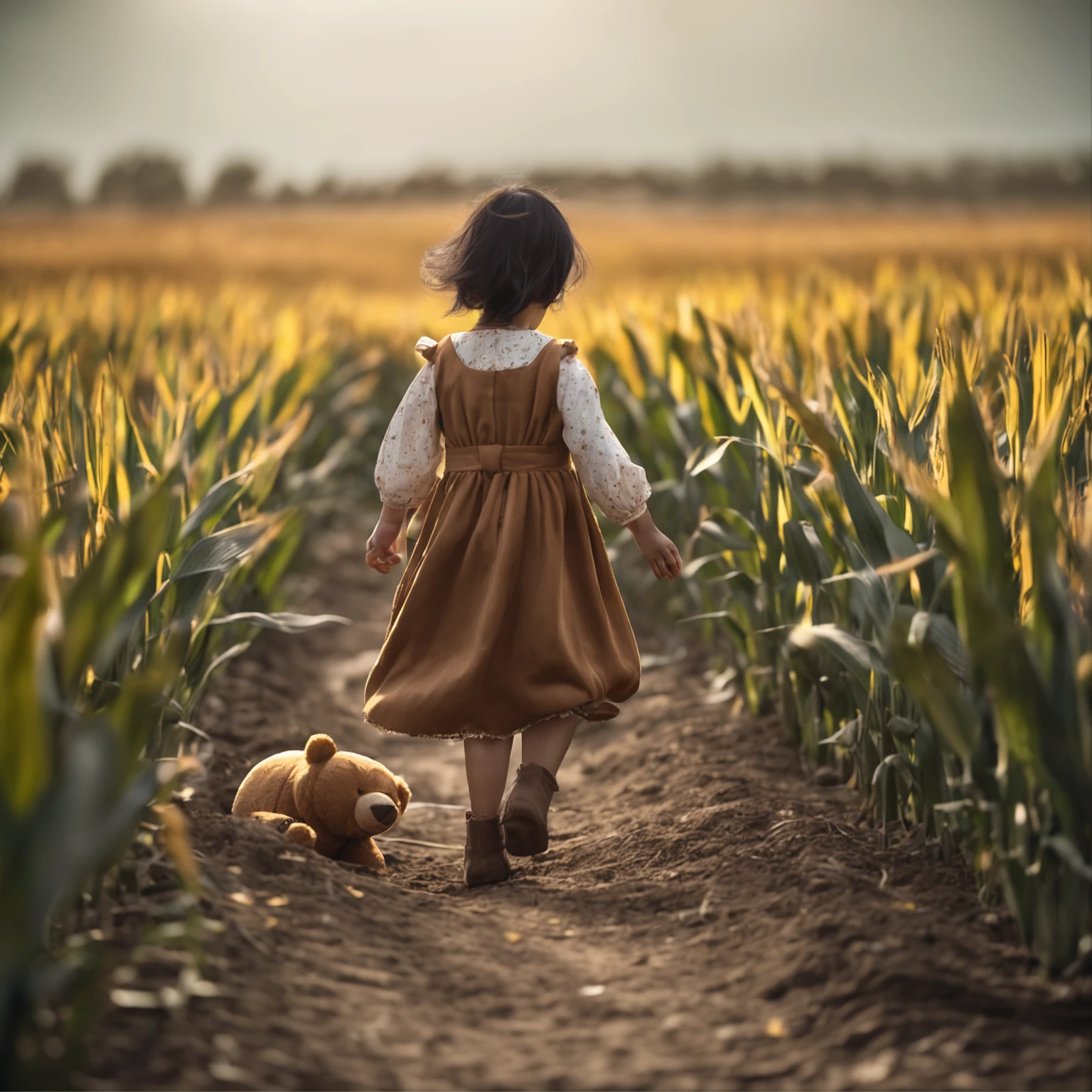 A young Chinese daughter, Wearing a quaint brown dress, Walk in the middle of a cornfield, Full body like, Holding a yellow bear toy in his hand, cinematic lighting, depth of field, ray tracing, cowboy shot, 135mm, Canon, UHD, masterpiece, award winning, best quality, 4K