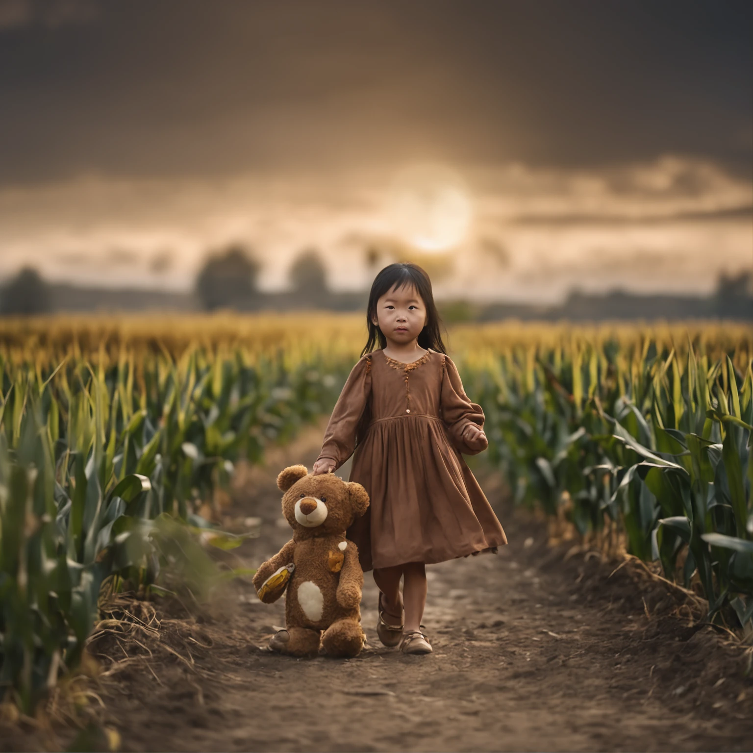 A young Chinese daughter, Wearing a quaint brown dress, Walk in the middle of a cornfield, Full body like, Holding a yellow bear toy in his hand, cinematic lighting, depth of field, ray tracing, cowboy shot, 135mm, Canon, UHD, masterpiece, award winning, best quality, 4K