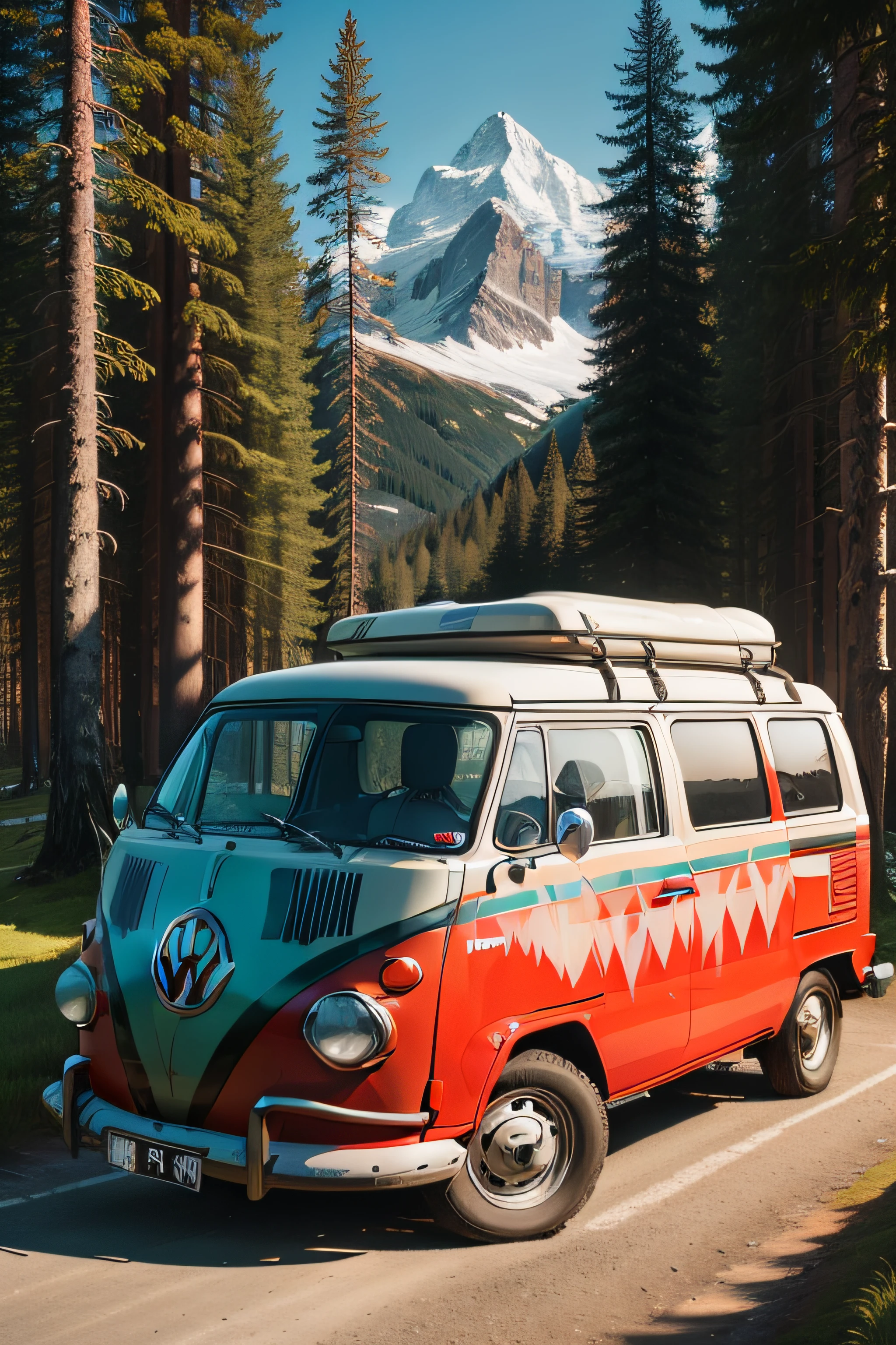 Vector t-shirt art ready to print colorful graffiti illustration of red volkswagen kombi, Swiss Alps, Tall trees, Summer,