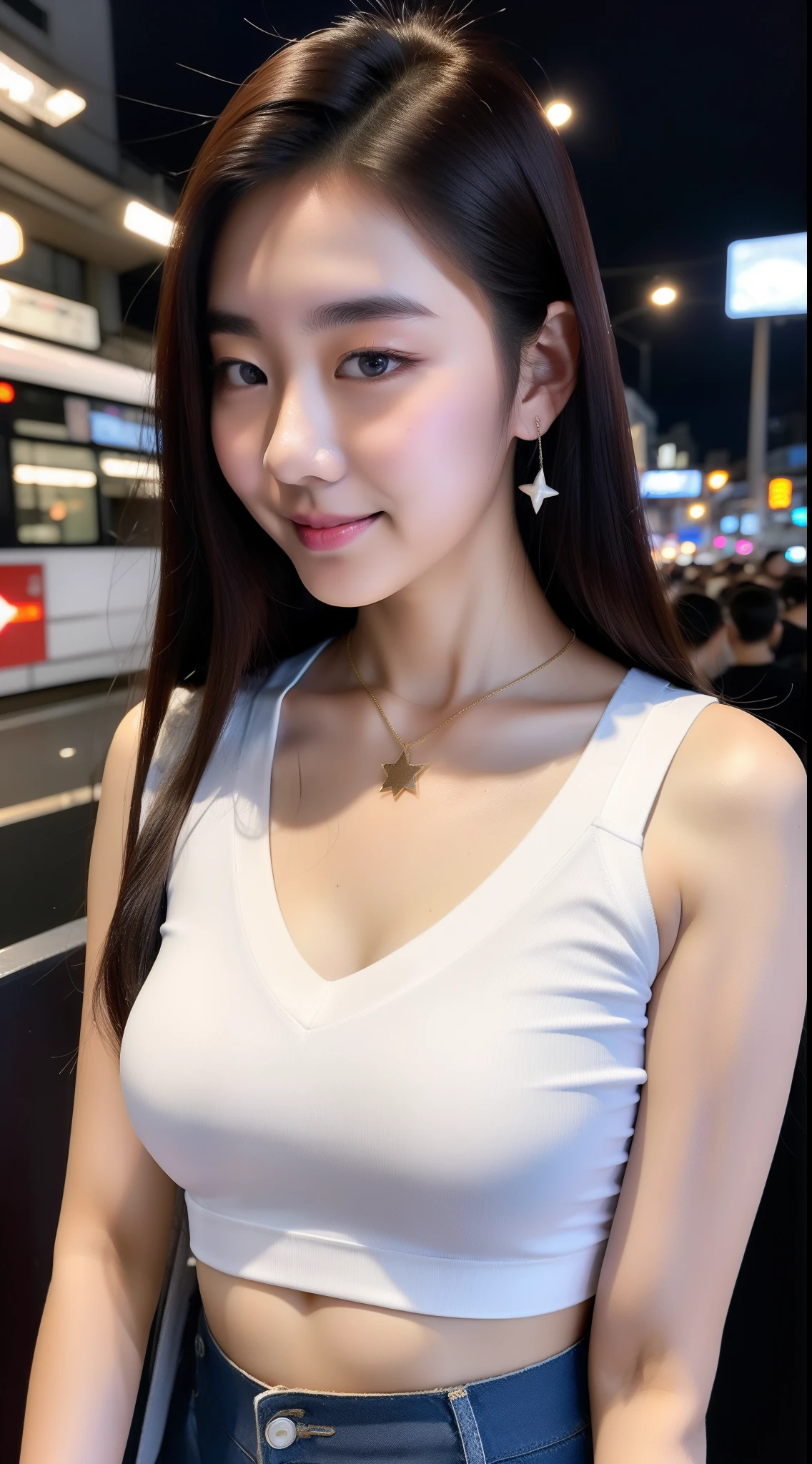 realistic photos of (1 cute Korean star) ahoge, white skin, thin makeup, 32 inch breasts size, slightly smile, wearing v-neck crop top, pants, shoulder bag, at Bangkok city, night, upper body portrait, 16k