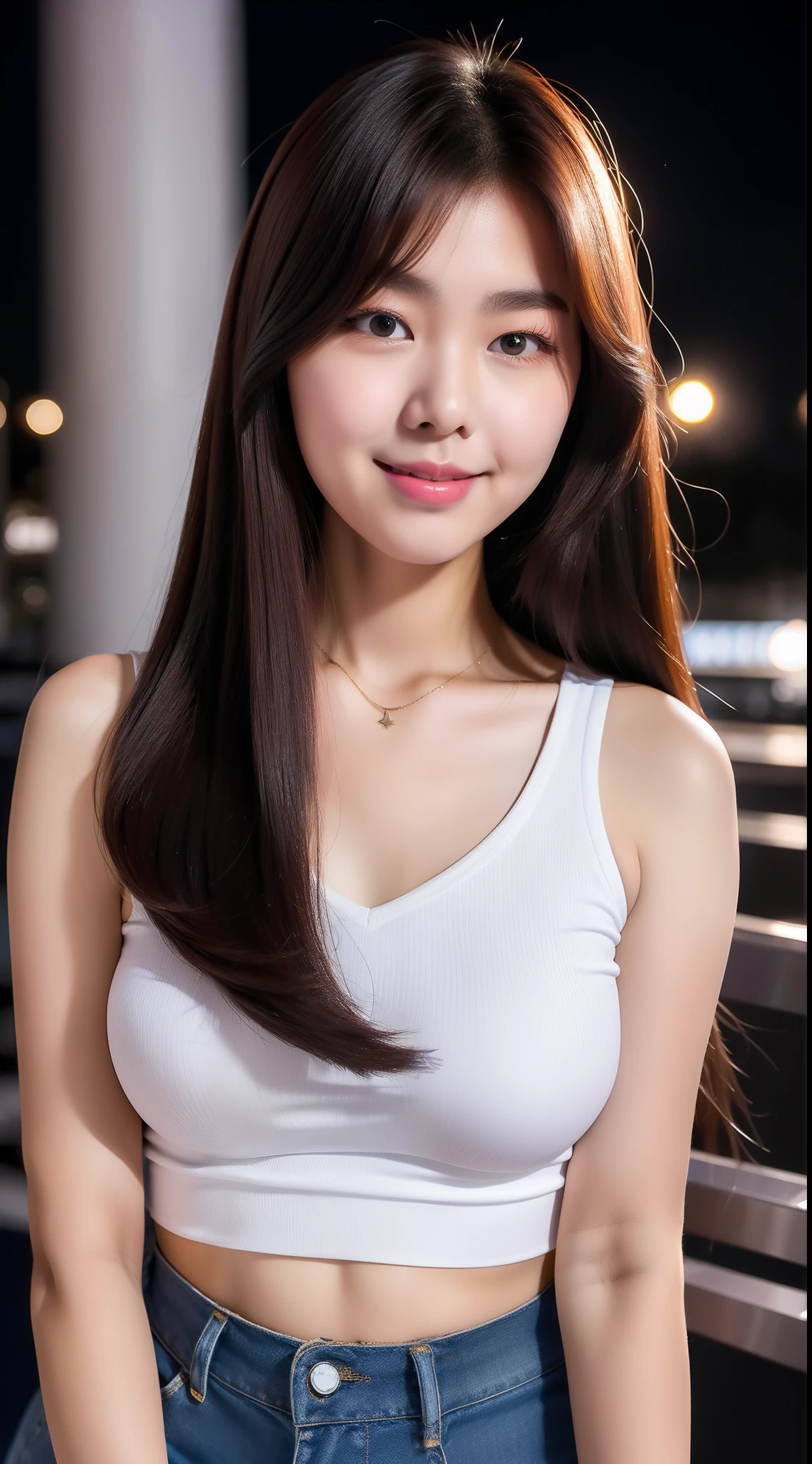 realistic photos of (1 cute Korean star) ahoge, white skin, thin makeup, 32 inch breasts size, slightly smile, wearing v-neck crop top, pants, shoulder bag, at Bangkok city, night, upper body portrait, 16k