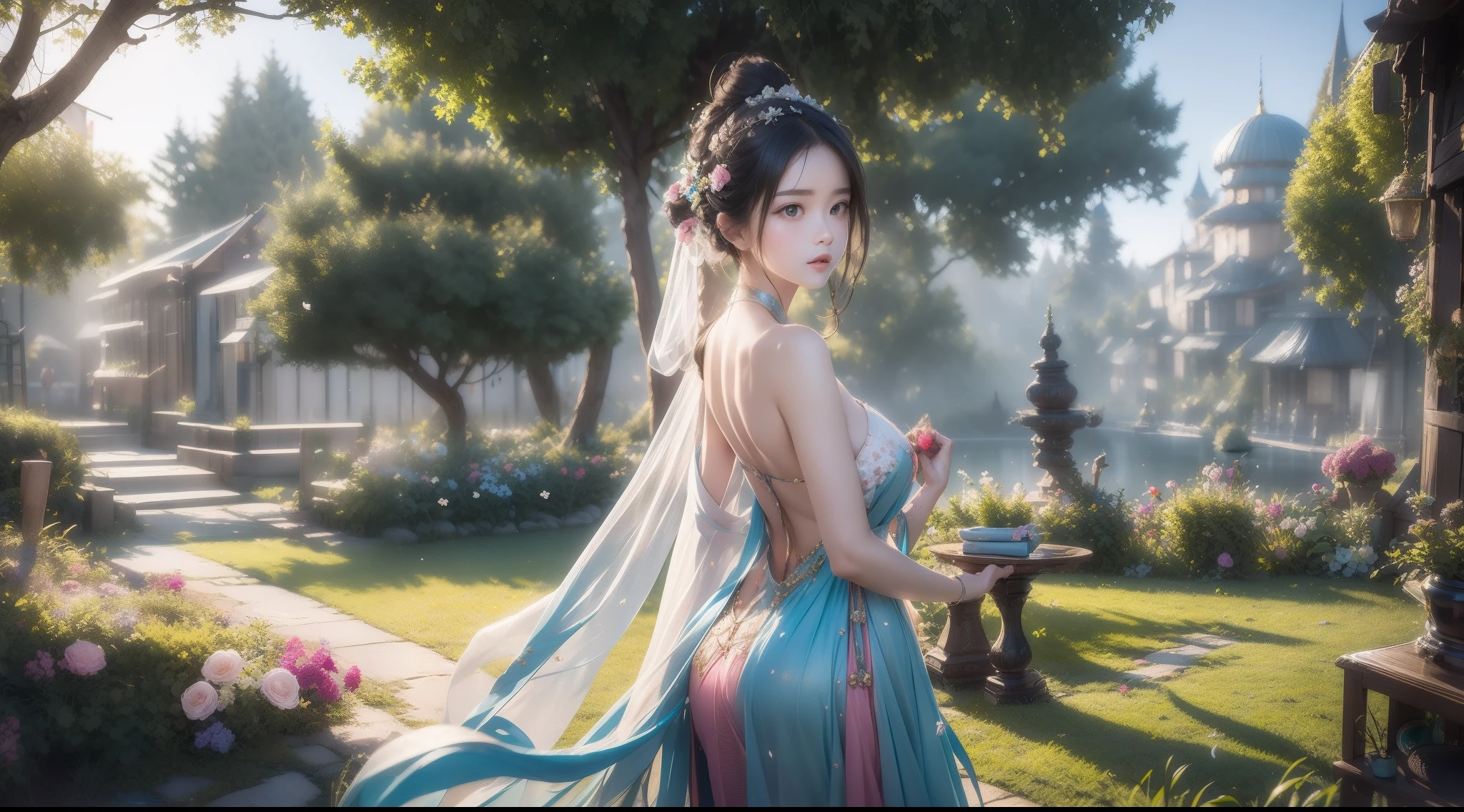 1girl, solo, full body, (masterpiece:1.21), (best quality:1.2), colorful, (illustration:1.2), (cinematic lighting:1.1), (bare shoulders:1.21), (collarbone:1.21) In this whimsical and fantastic garden，The scene is rainbowed（colorful fireflies）illuminate，dance through the air。Soft（Drizzle）Decorate the garden，It creates a hazy and ethereal atmosphere。In the center of the screen，There was a single teenage girl standing，Extremely delicate girl，Lovely facial features，The expression is innocent。Her long hair fluttered in the wind。She wears an ultra-low-cut strapless dress，Highlight her delicate curves。The lighting is very delicate and beautiful，Creates a soft and warm glow，Highlights the surface of the water，making it sparkle like diamonds。The finest grass is also illuminated，Create a lush carpet。The garden is surrounded by colorful fields of flowers，Flowers of all colors and shapes bloom。Various colors and sizes can be seen（Colorful butterflies）Fly around the scene，It adds to the overall sense of wonder and magic。 （Gentlemen），A flush is visible at the bridge of the nose，The mouth opened slightly，It also adds to the overall sense of innocence and youthfulness。Falling petals can be seen floating around her，It adds to the overall romance and beauty。A gentle breeze，The leaves rustle，Flowers sway，Adds to the overall dynamism and vitality。It is a scene of pure wonder and magic，Full of color and beauty，Viewers can lose themselves in this fascinating and fascinating world。Fine lines on the skin ( Very close view ) Face view , ssee-through (((In the villa)))(Cover your chest with your hands ,Topless)，Head flower decoration, Petals flying in the air ，Pouting slightly，The back exposes the buttocks，The kinky is exposed，Naked women，Butt up，Hands and feet apart，(Colorful chandelier in Turkey),(Turkish Moroccan colored mosaic chandelier)， （（Masterpiece））,（realisticlying：1.2）,best qualtiy,high high quality,absurderes,rich colourful,stunning art,best qualtiy, ultra - detailed,beautifuldet