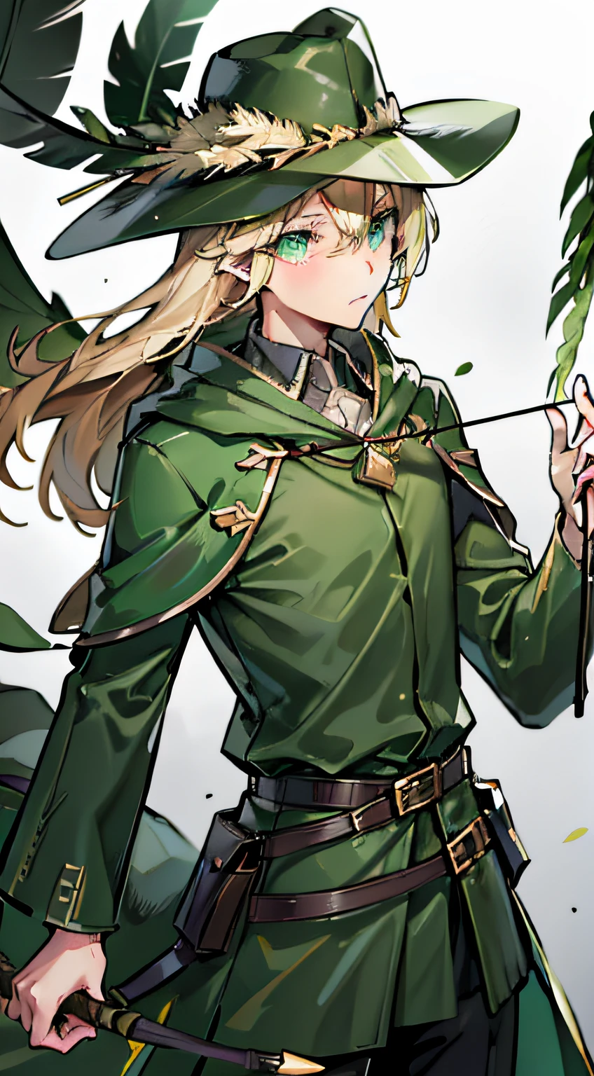 A young man，on the tree，Greencoat，Wide-brimmed hat，Hat with feathers，Draw a bow and release arrows，Waist wears a Western sword，in dark green cape，Golden arrow，blond hairbl，green-eyed，Ranger，longbow，In the dense forest，camp