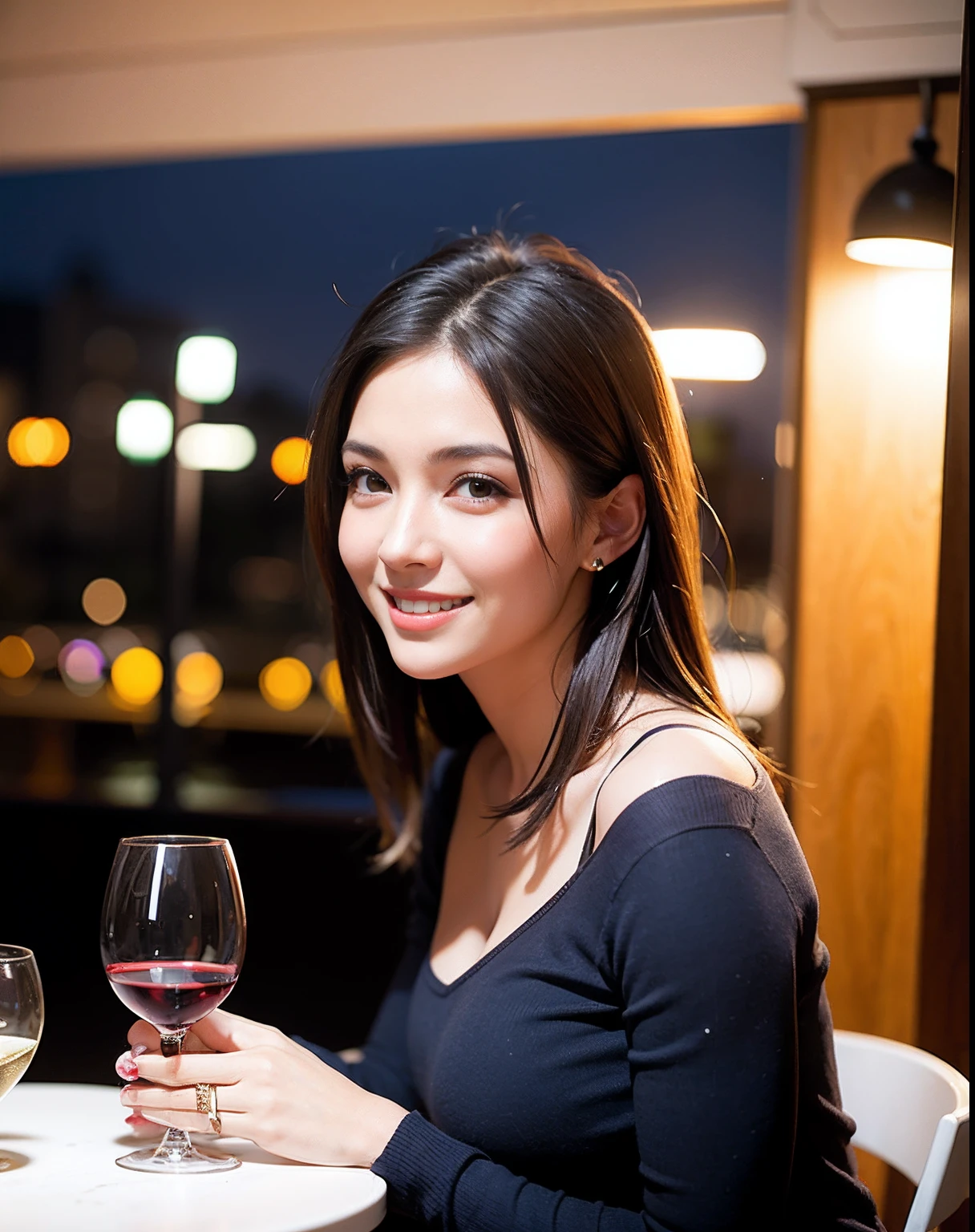 (64K, UHD, top quality, masterpiece: 1.2), (realistic, photorealistic: 1.37), super detailed, pretty woman 1 person, (slim face), (slim body), (brown hair), (short cut), cheeks slightly blushing, (44 years old), 38 years old, solo, beautiful detailed urban night view outside the window, restaurant, wine glasses sit, at night, in a prominent placeNovaFrogStyle, Actress, Model, Waist Up, White Wine, Slim, Wine Glass, Super Clean Night View, Wine Glass Put in the Middle, Happy Smile, (Smile: 1.15), Beautiful Fine Eyes, Upper Body, Bust Japan Up, Night, Short, Short, Actress, Model, Waist Up, White Wine, Slim, Wine Glass, Super Clean Night View, Wine Glass Put in the Middle, Happy Smile,