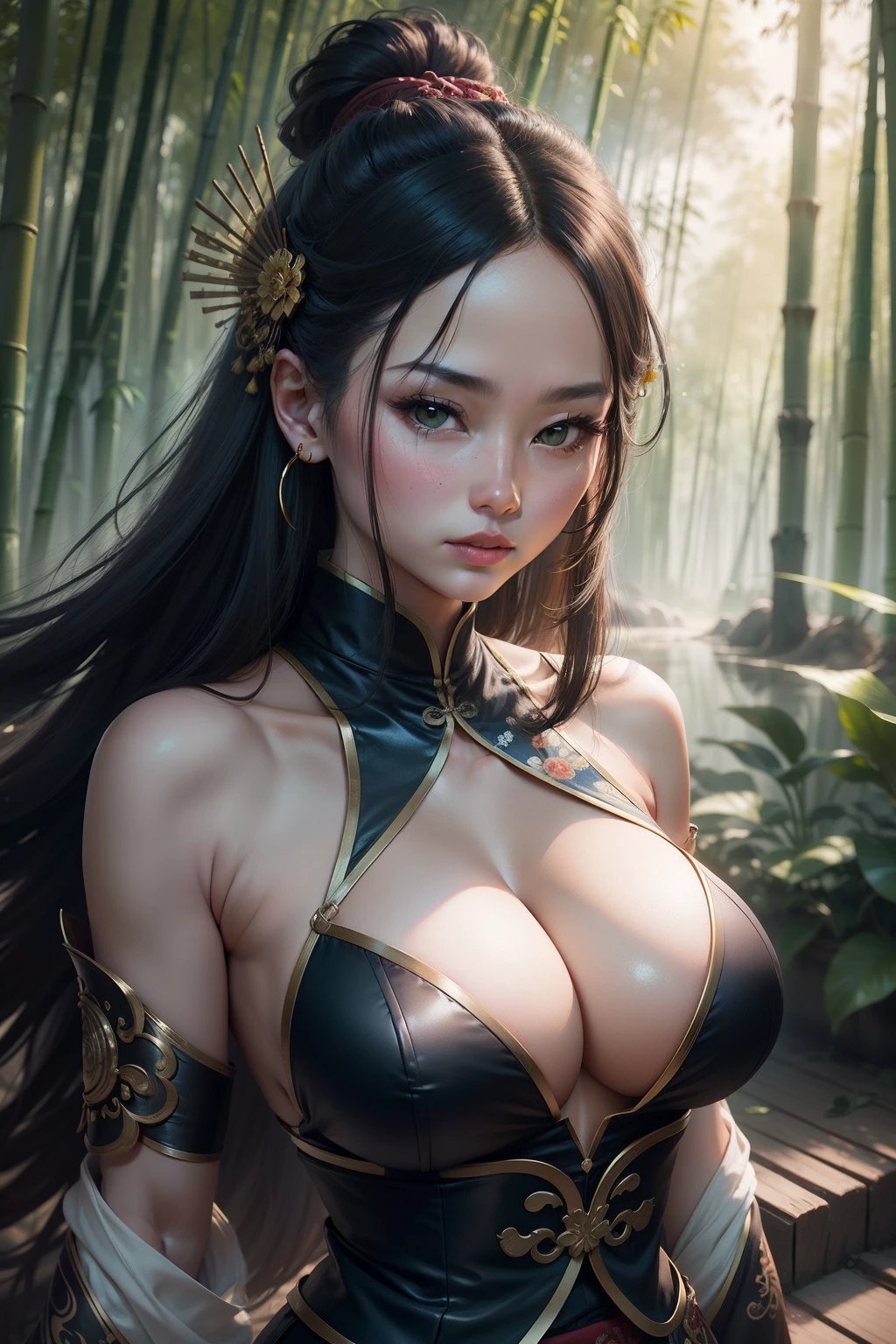 offcial art,Unity 8k壁纸,ultra - detailed,aestheticly pleasing,big breasts beautiful,tmasterpiece,best qualtiy, mistic, romanticism lain, An air of terror, Literary, Artistically, Fashionab, Tang Dynasty era, decor, iintricate, Embroidery,Green Hanfu,Green tulle,1girll,Bigchest,Black color hair,A sense of fatalism,Bust composition,Dramatic composition,电影灯光,dynamic viewing angle,Raised sexy,bare shoulders,Bare with thighs,full of seduction,Deep in the bamboo forest,In the bamboo forest,Bamboo leaves fall,Small safflower,bamboo forest background,The clouds are thick,Dramatic composition,Beautiful woman in navy blue costume,Long flowing hair and delicate facial features,It exudes purity, Noble and confident temperament。Armed with the general's sword and elaborate clothes, He showed the Chinese style,dynamic viewing angle,Chinese retro style,Lin Daiyu's hair fluttered,Delicate simulation of facial features,Highly restored real people in HD