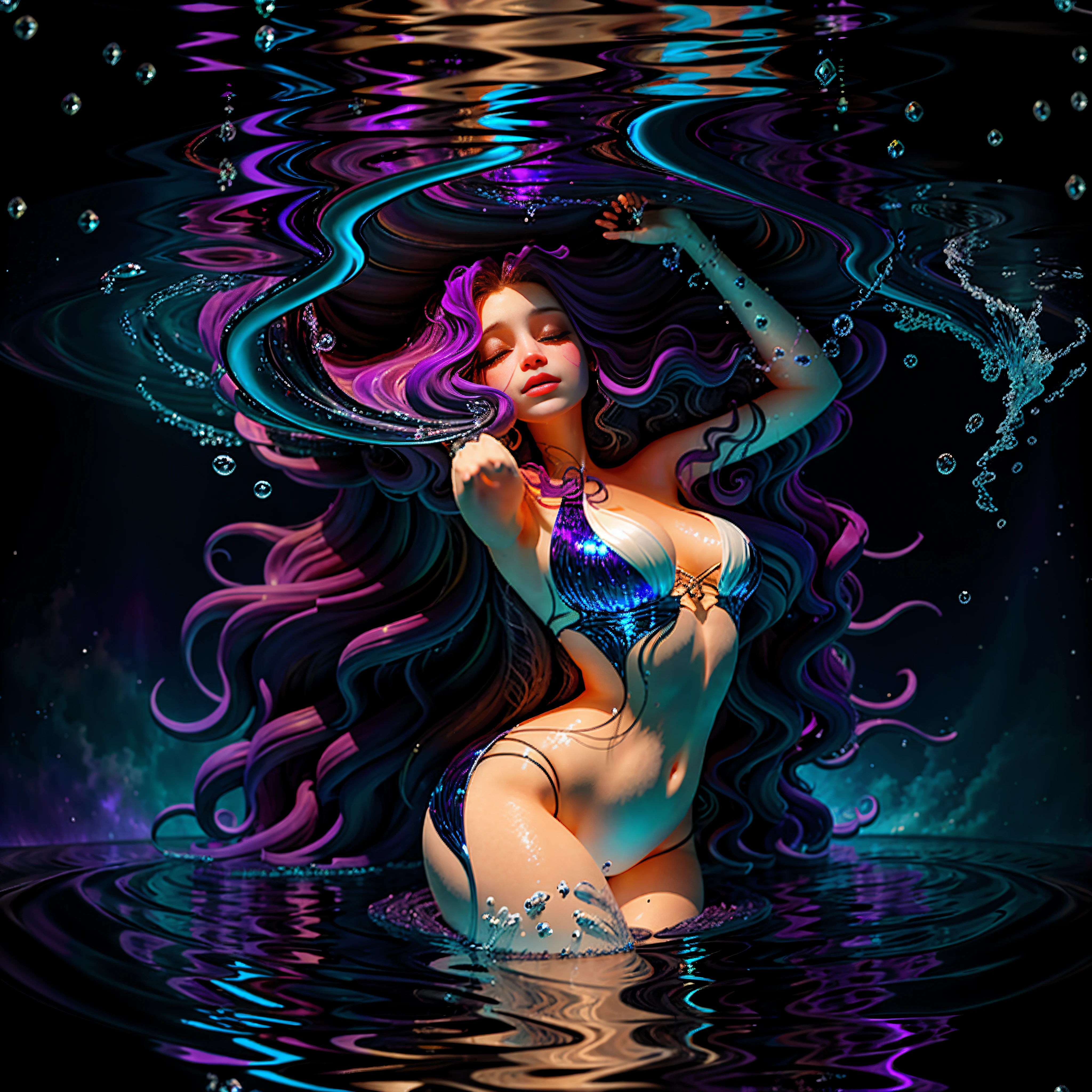 A dark woman with long, white curly hair emerges her figure in water in an environment of infinite violet cosmoswith soft blue tones, her tears are stars