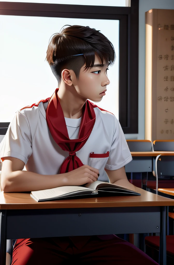 校服, red neckchief, Libido boy, Listen calmly and attentively in the classroom。