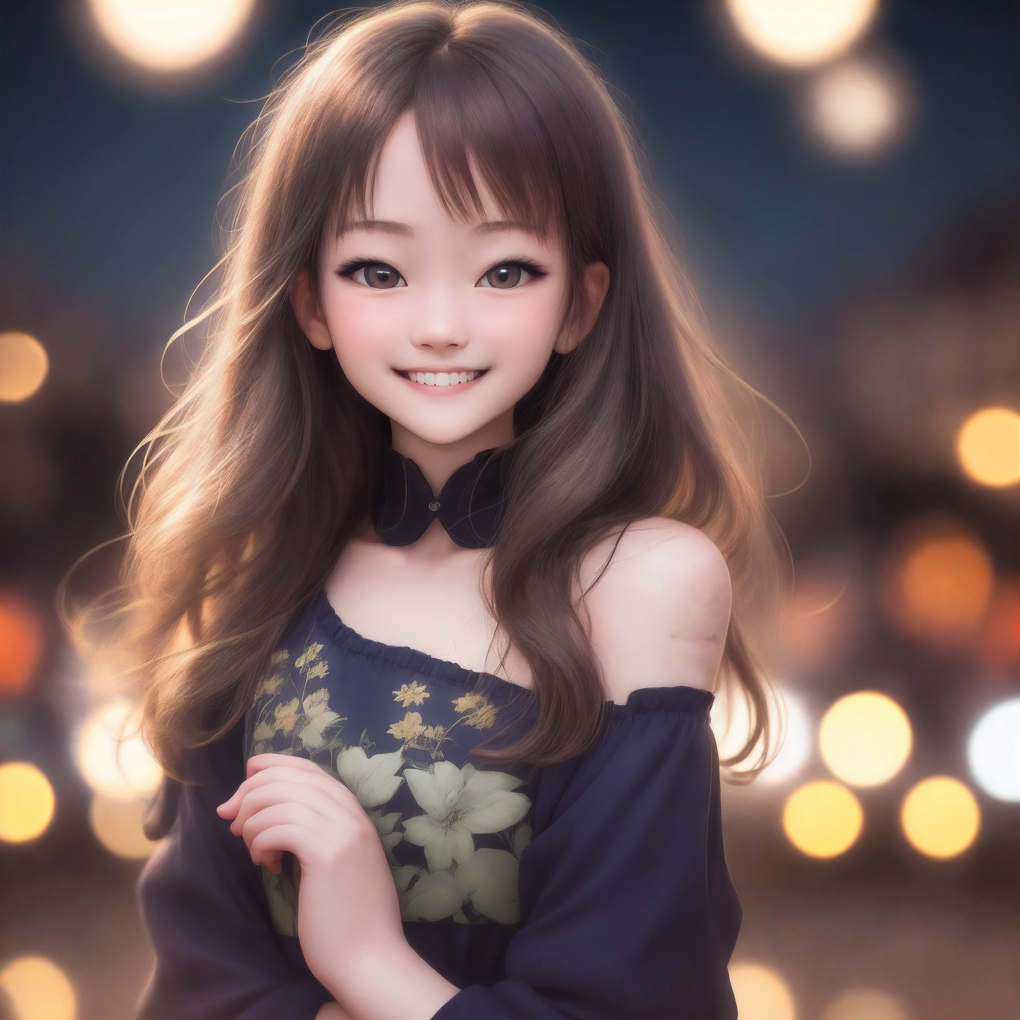 masutepiece, Best Quality, 8K, 15yo student, Teen, Raw photo, absurderes, award winning portrait, Smile, Smile, Solo, Night, neons, Idol face, violaceaess, gardeniass, Delicate girl, Upper body, Digital SLR, Looking at Viewer, Candid, Sophisticated, zora々Right, Thin arms, Professional Lighting, Film grain, chromatic abberation, (Eyes and faces with detailed:1.0), (Bokeh:1.1)