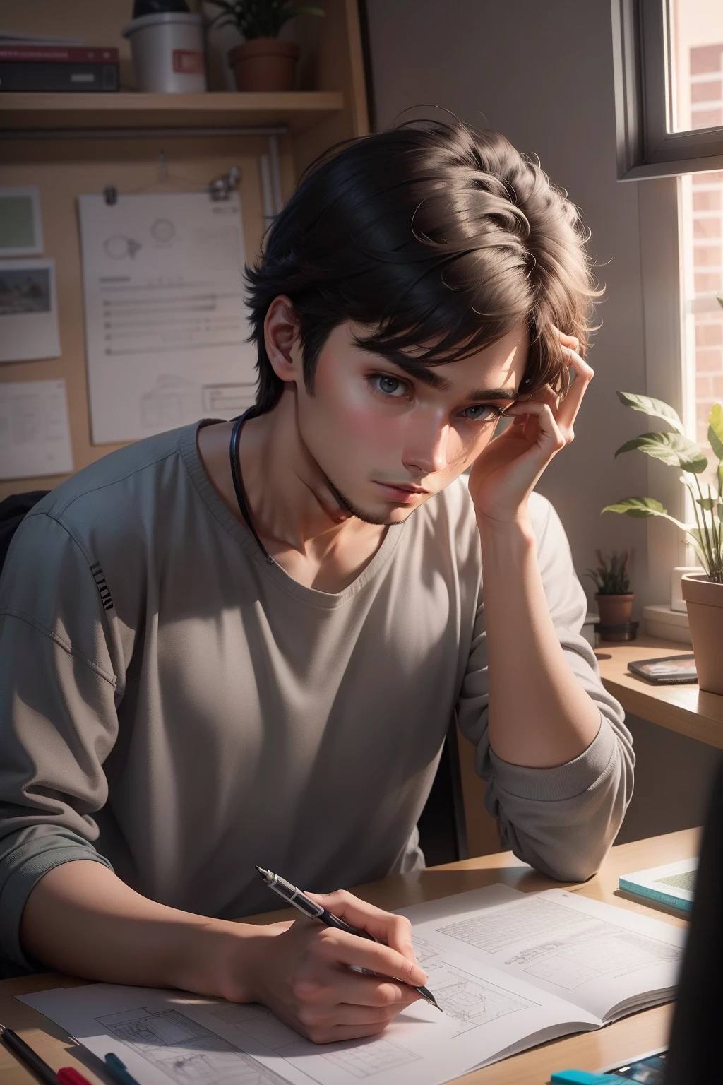 College student male stay up late to catch up with design drawings,hostel,natta