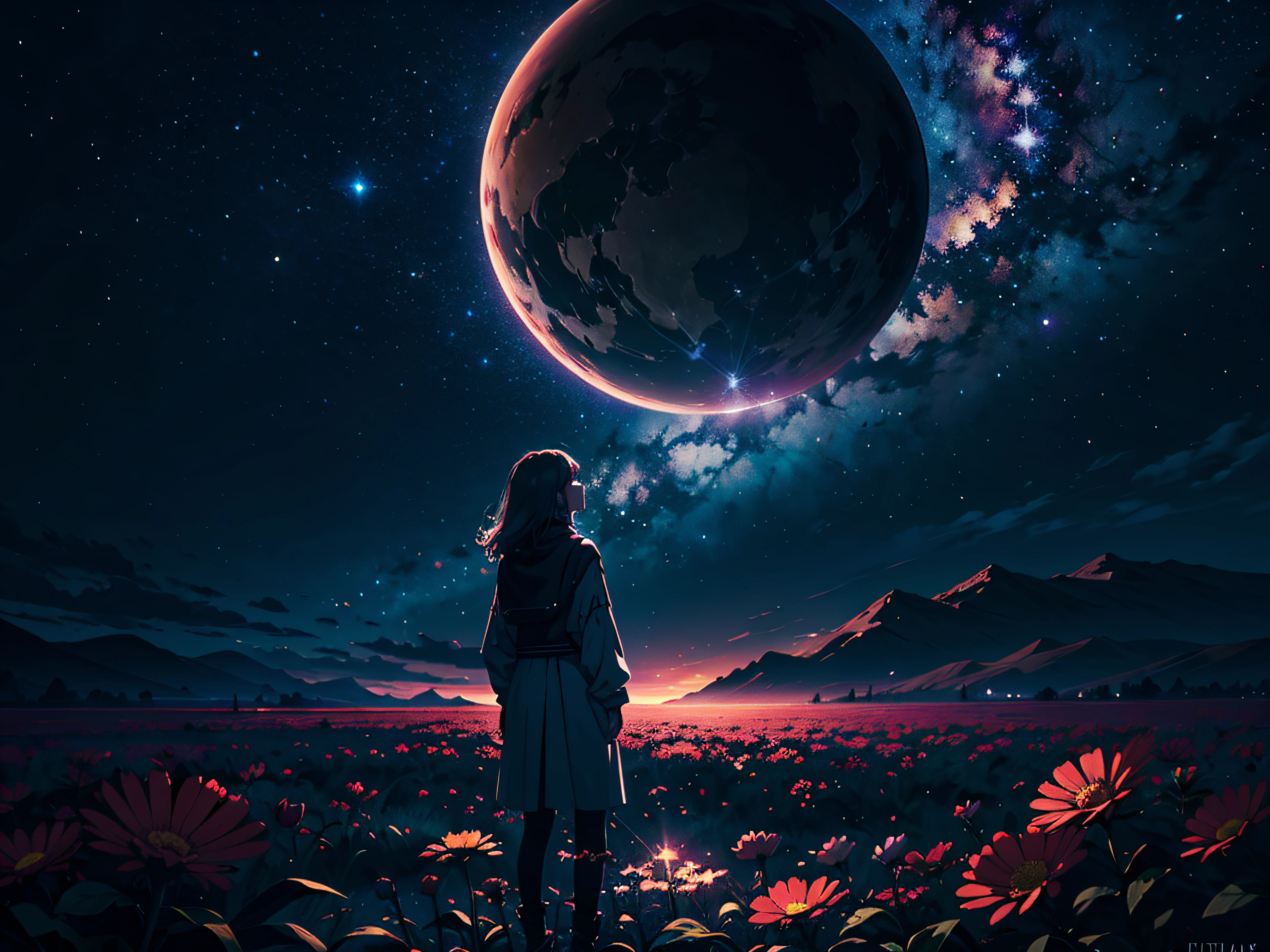 4k Landscape, beautiful stars at background, looks like a dream, sky looking extremely beautiful, ultra resolution, perfect lighting, Dark space, space photo, extremely beautiful, fantasy world, girl standing on flowers, looking at the sky, dark vibes, perfect color grading, a planet at the sky