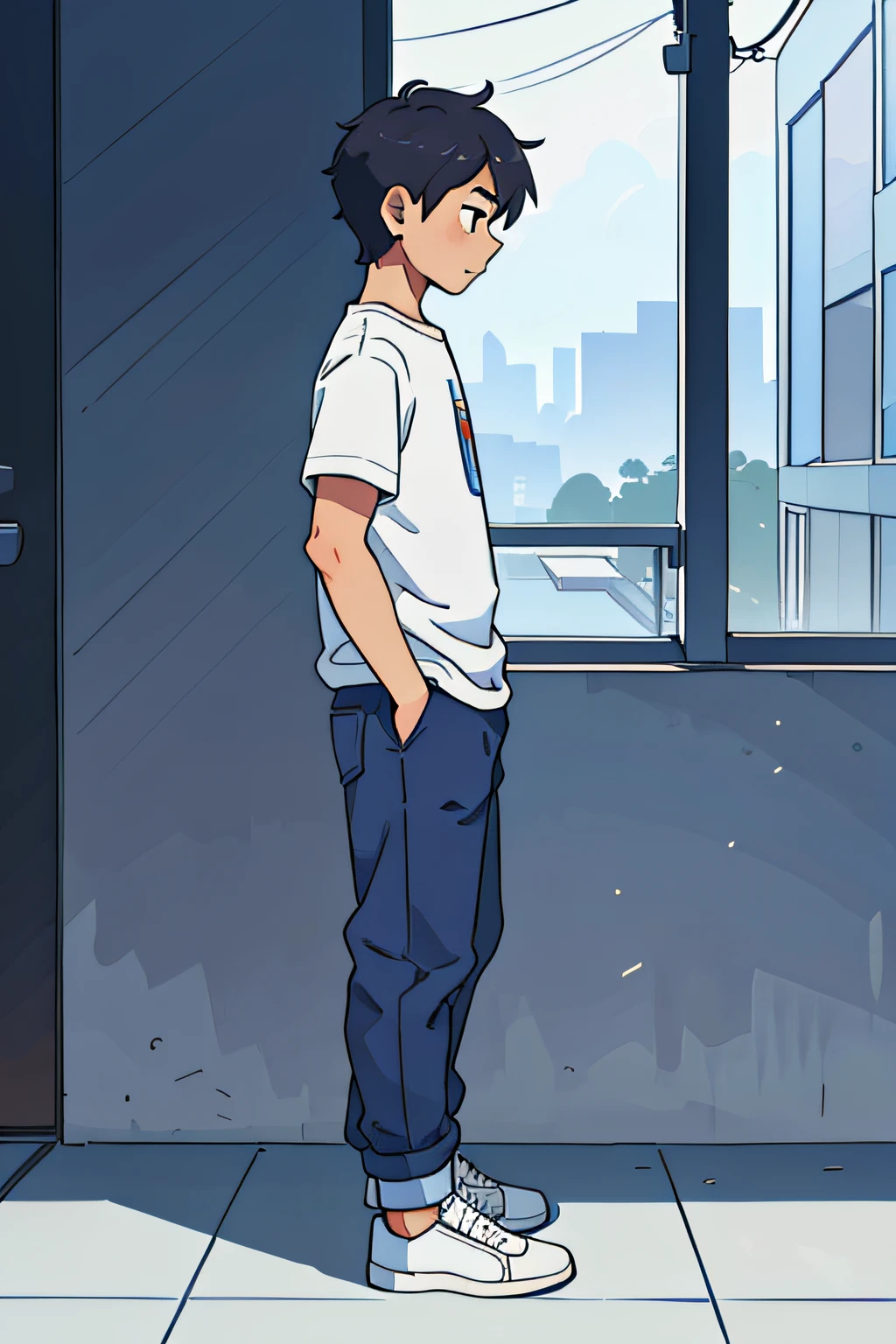 side view illustration of a boy standing sideways, having short messy hair, wearing casual clothes, view seen from the side, full body shot