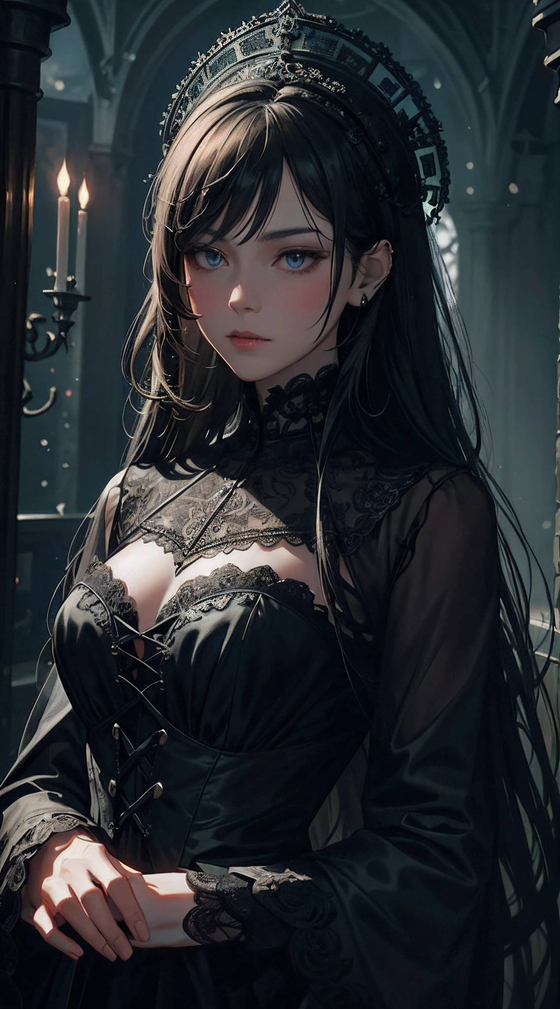 gothic woman in black dress with tiable and veil posing for a picture, artwork in the style of guweiz, guweiz on artstation pixiv, guweiz on pixiv artstation, by Yang J, guweiz, with long hair and piercing eyes, fanart best artstation, 8k high quality detailed art, chengwei pan on artstation