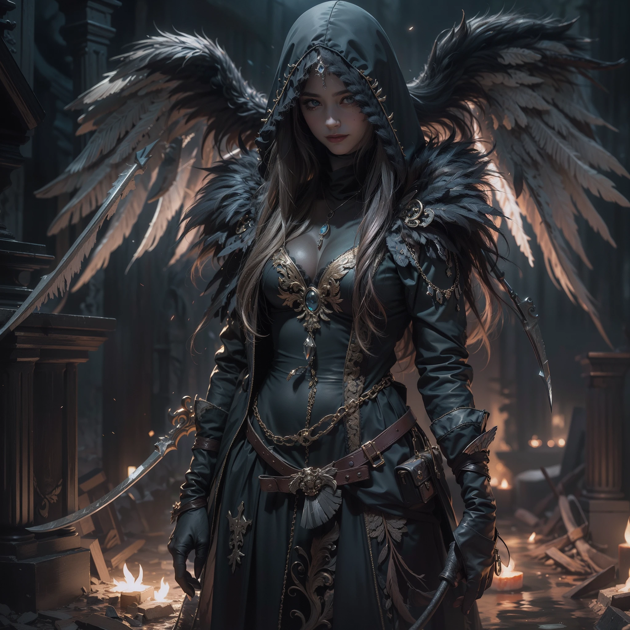 (Numerous award-winning masterpieces, with incredible details, Maximum textures and details), (hyper realistic:1.4), (Realstic:1.3), (Whole body image:1.7), (Haut du corps vers le haut:0.3), (best quality real texture skin), (Finely detailed true circle eyes), (finely detailed and beautiful face:1.4), (Aesthetic and decadent image:1.5), ((Medieval world)), (Faucheuse:1.4), (Icy look in the eyes), (She has a nasty smile on her face but her eyes don't smile.:1.3), (He has a scythe that reaps the soul in his hand:1.5), (A bag containing souls harvested with a faint glow:1.5), (Des yeux qui brillent en rouge dans le noir), (dramatic light), autel, (Un spectacle majestueux), (Magic circle of disturbing brilliance:1.3), Son visage est doux et beau, mais en quelque sorte terrifiant, (Large wings with tattered black feathers behind the shoulders:1.3), (Whole body image:1.7), (Wears a dark black hooded dress with intricate patterns:1.2), Folded wings, Earrings with a skull pattern, (Suivi de Skeleton Reaper: 1.3), (((Photo dramatique))), (twilight), (coucher de soleil), (twilight), ((pose dramatique)), (Photo flamboyante), (golden hair), (silver-haired), (chestnut hair), ((looks up)), ((regarder vers le bas)), (Whole body image:1.7), (Around his neck is a simple necklace of exquisite workmanship.), Overgrown forgotten grave, Grand tombeau, Labyrinthe souterrain, Ruins of the evil temple, Temple sacrificiel, Mysteriously, Ruins of the old castle, Deserted ruins of the cemetery, Ancient crumbled tomb, Ancient ruins of standing water, Swampy ruins, Masses nuageuses majestueuses et ciels brillants, lightening, epic realistic, faded, art, (Greg Rutkowski:0.8), (sarcelle et orange:0.4), (art station:1.5), cinematic, ((couleurs neutres)), (Hdr:1.5), (muted colors:1.2), hyper detailed, dramatic light, (Details co