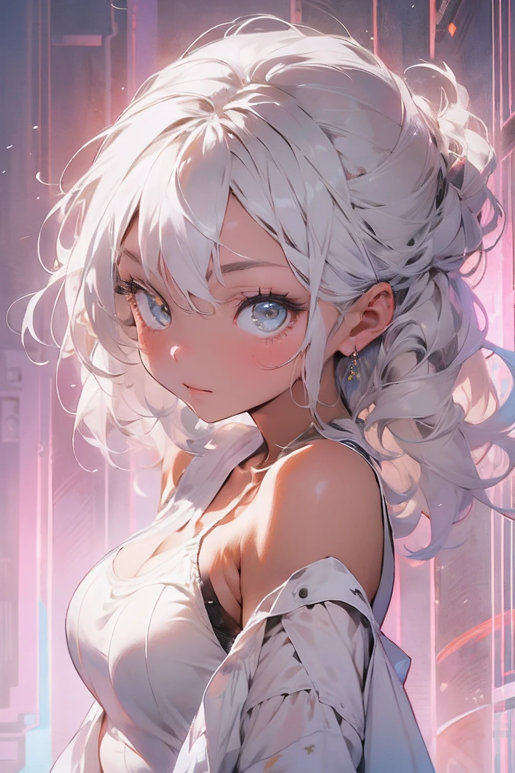 (masterpiece), (best quality), 8k resolution, 1girl, beautiful girl, stunning beauty, mature female, 30yo, white hair, glowing golden eyes, cool, portrait, minimalism, goddess, Greek goddess