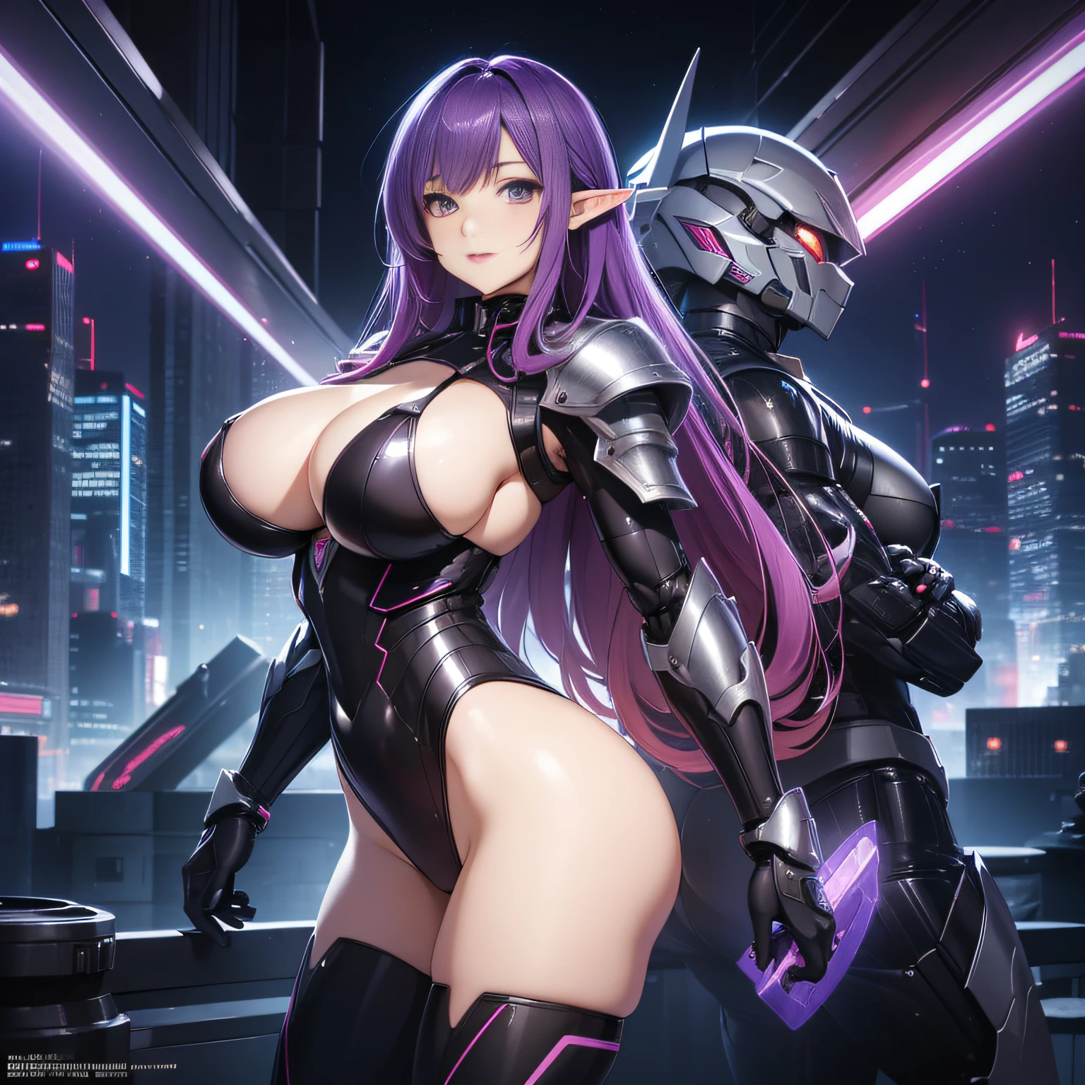 super high image, super detail, super high resolution, anime, manga, illustration,(full body image), Japanese beautiful elf, glossy purple hair, sparkling shocking purple big eyes, red alluring moist thick lips, ecstatic expression, amorous expression, seductive look, ((massive breasts)), (under boob), (side boob), abs, great proportion, perfect proportion, slender, full body, knight armor, (background Sci-fy city), professional lighting, (power armor), (cybernetic armor), (mecha armor), (holding gun), (thick ass)