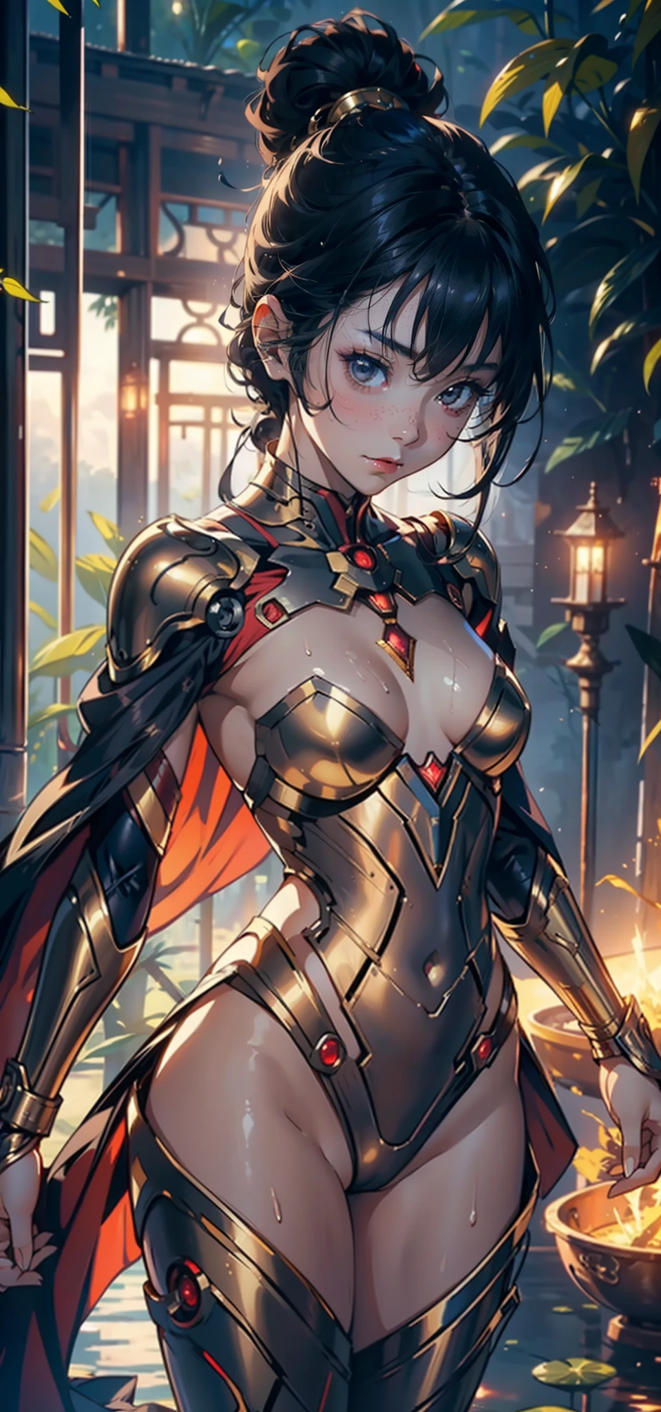 1female, 5,Small lolLow chest exposure, 独奏,(Background with:bamboo forrest,lotuses,lotus flower,exteriors,Lotus pond) She has short black hair,standing on your feet,Sweat profusely,drenched all over the body,seen from the front, hair straight, mostly cloudy sky,(((tmasterpiece),(Very detailed CG unity 8K wallpaper),best qualtiy,cinmatic lighting,detailed back ground,beatiful detailed eyes,Bright pupils,Black eyes,(Very fine and beautiful),(Beautiful and detailed eye description),ultra - detailed,tmasterpiece,)),facing at camera,A high resolution,ultra - detailed),revealing breasts,Bare genitalia, Bulge,legs are open,Raised sexy,Camel toes,Flushed complexion,Open-mouthed,frontage,Gold Saint Seiya,(Wearing:Red cape,Transparent apron,Gold wire embroidery,Armour,Iron Man uniform,cyber punk style)