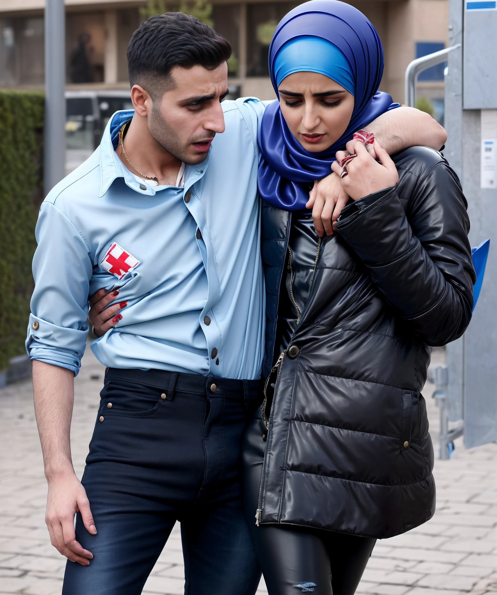 muslima in high-shine plastic coat, vinyl puffer, plastic coat, wetlook laquered coat, plastic headscarf, vinyl veil, shiny blue plastic-headscarf, muslima in leather pants, muslim woman in shiny leather trousers, plastic downcoat, padded black plastic-coat, attractive male-model is carried by muslim woman in black coat, drama, photo, first aid, pity, a very attractive and beautiful young and blond german man in a blue cotton shirt and matte jeans and a syrian woman in a shiny deep-black laquered-coat and a brilliant blue satin headscarf stand arm-in-arm in front of a refugee hostel, the syrian woman holds the man's arm over her shoulder with one hand and her other hand can be seen under the man's other arm, the man has a suffering and pain-distorted face and the woman has a horrified and very shocked facial expression, a german man in a cotton shirt and jeans is injured and is being supported by a syrian woman, a syrian woman is wearing a high-gloss plastic down coat and is supporting an injured short-haired man who cannot walk alone, a syrian woman with a headscarf holds an injured short-haired man in her arm, pity, accident, injury, first aid, drama, ultra realistic, photo